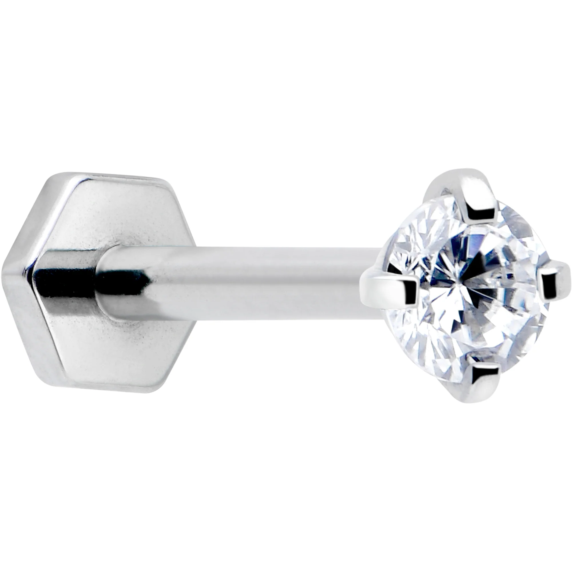 16G 5/16 Clear Gem Implant Grade Titanium Threadless Reversible Hex Flatback Stud