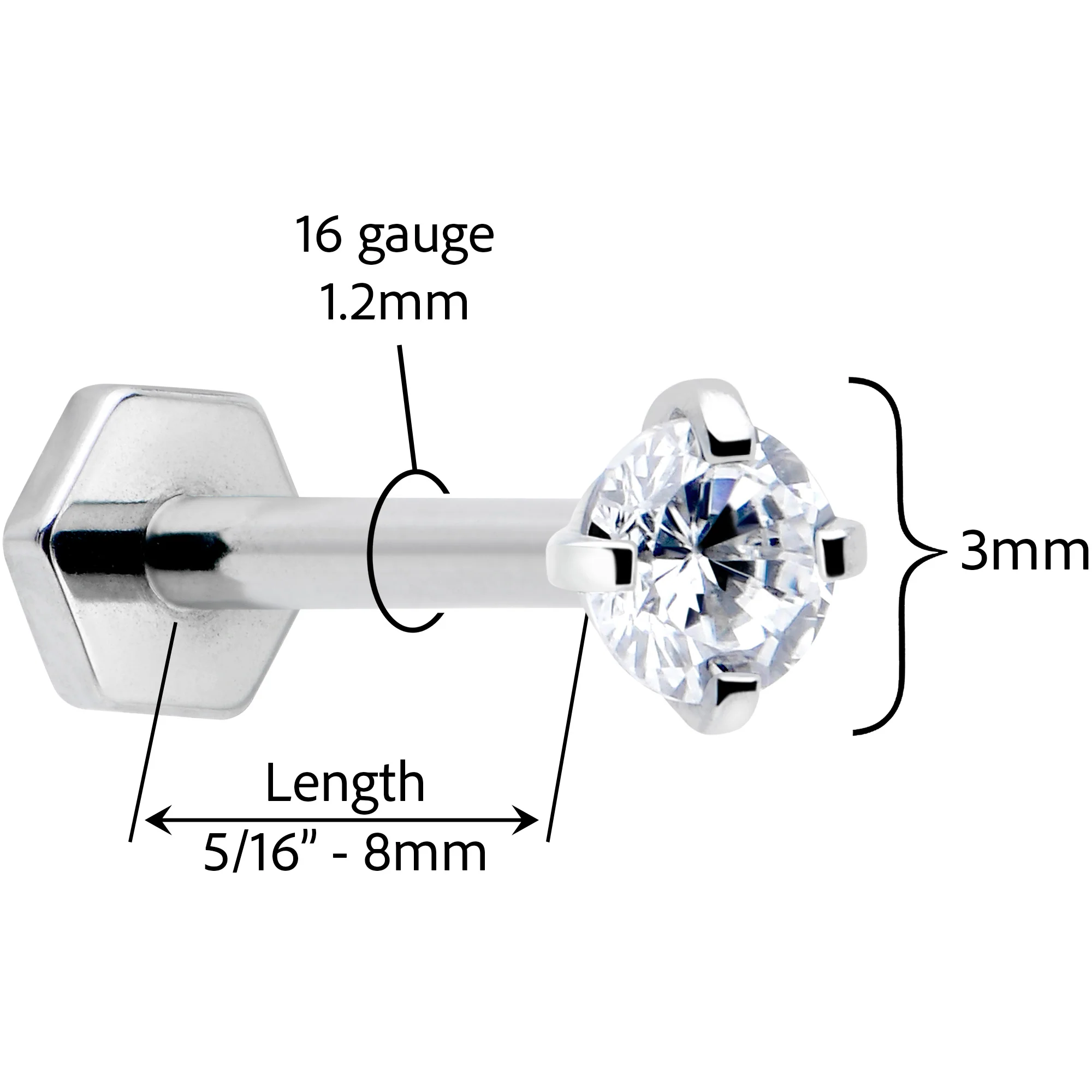 16G 5/16 Clear Gem Implant Grade Titanium Threadless Reversible Hex Flatback Stud - Image 4