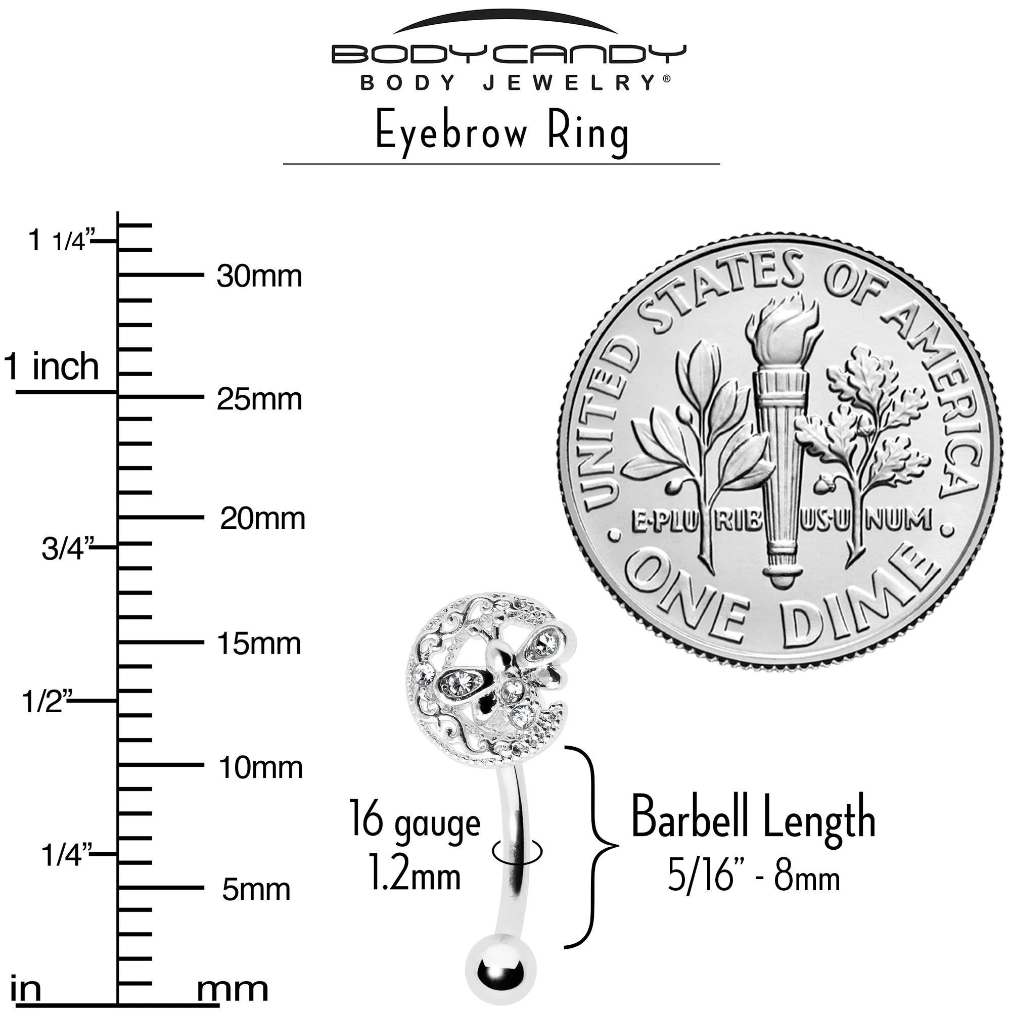 16G 5/16 Clear Gem Lunar Dragonfly Curved Eyebrow Ring - Image 6