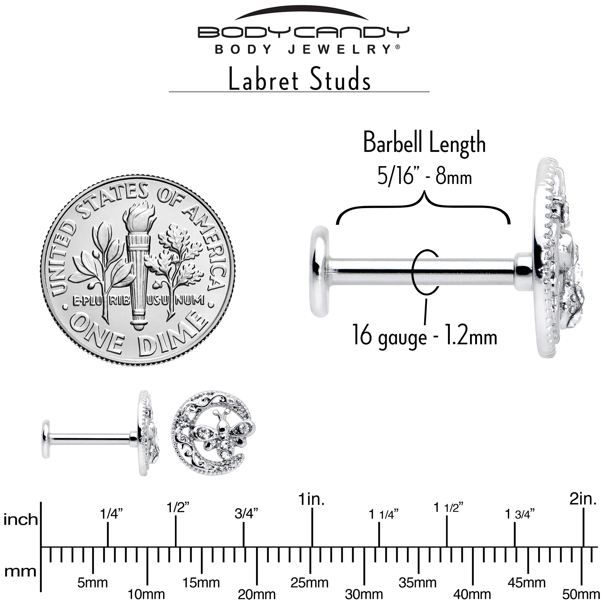 16G 5/16 Clear Gem Lunar Dragonfly Internally Threaded Labret Tragus - Image 6