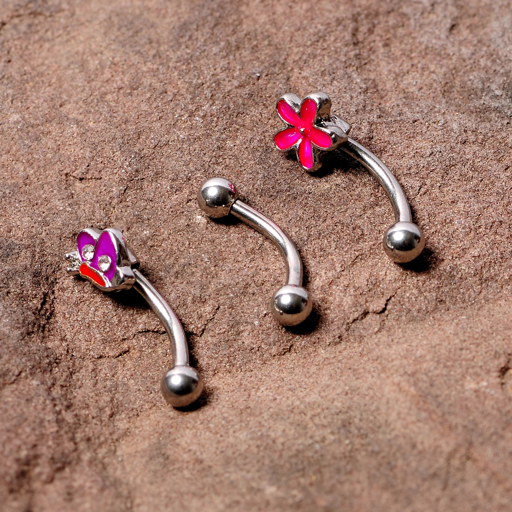 16G 5/16 Clear Gem Purple Butterfly Curved Eyebrow Ring Set of 3 - Image 2