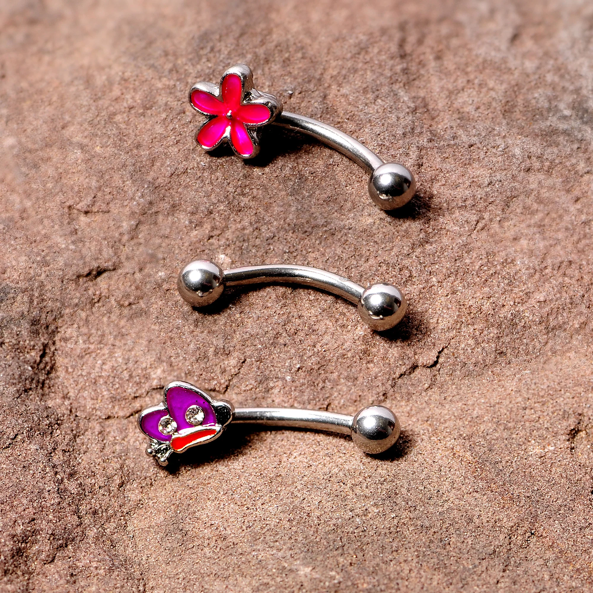 16G 5/16 Clear Gem Purple Butterfly Curved Eyebrow Ring Set of 3 - Image 3