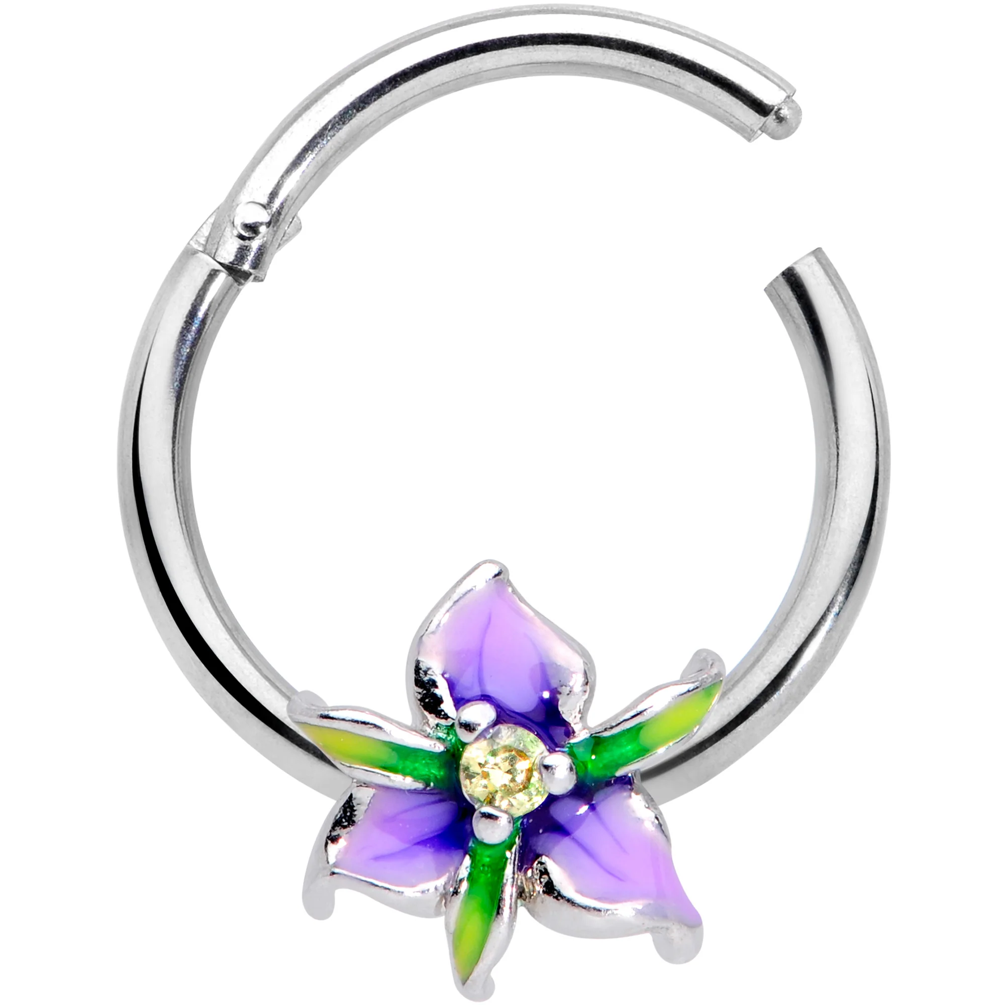 16G 3/8 Clear Gem Purple Iris Flower Hinged Segment Ring - Image 2