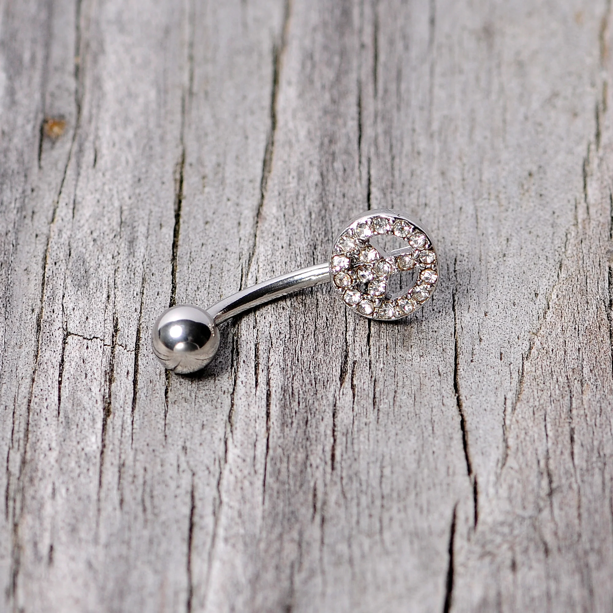 16G 5/16 Clear Gem Retro Peace Sign Curved Eyebrow Ring - Image 4
