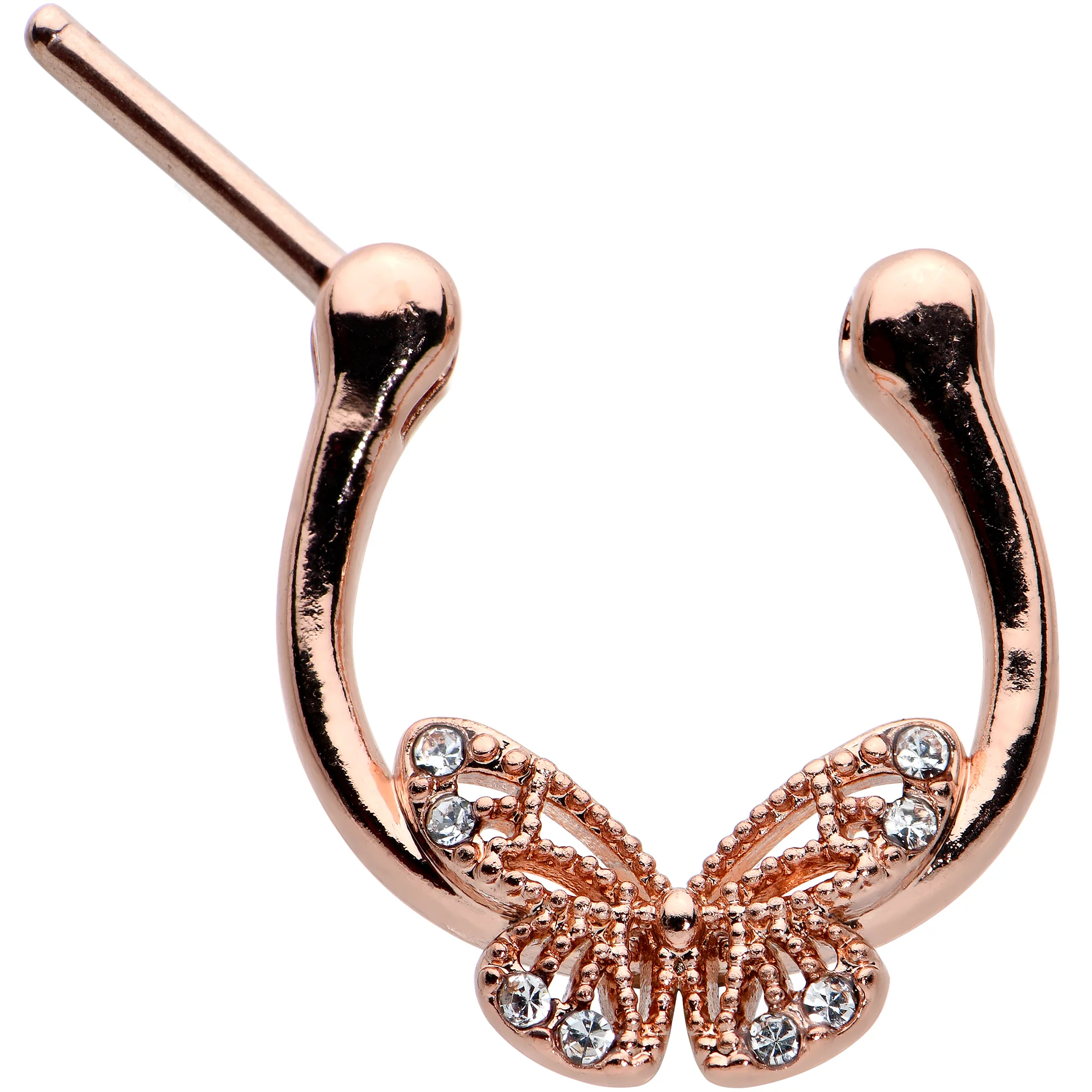 16G 5/16 Clear Gem Rose Gold Hue Airy Butterfly Cartilage Clicker - Image 2