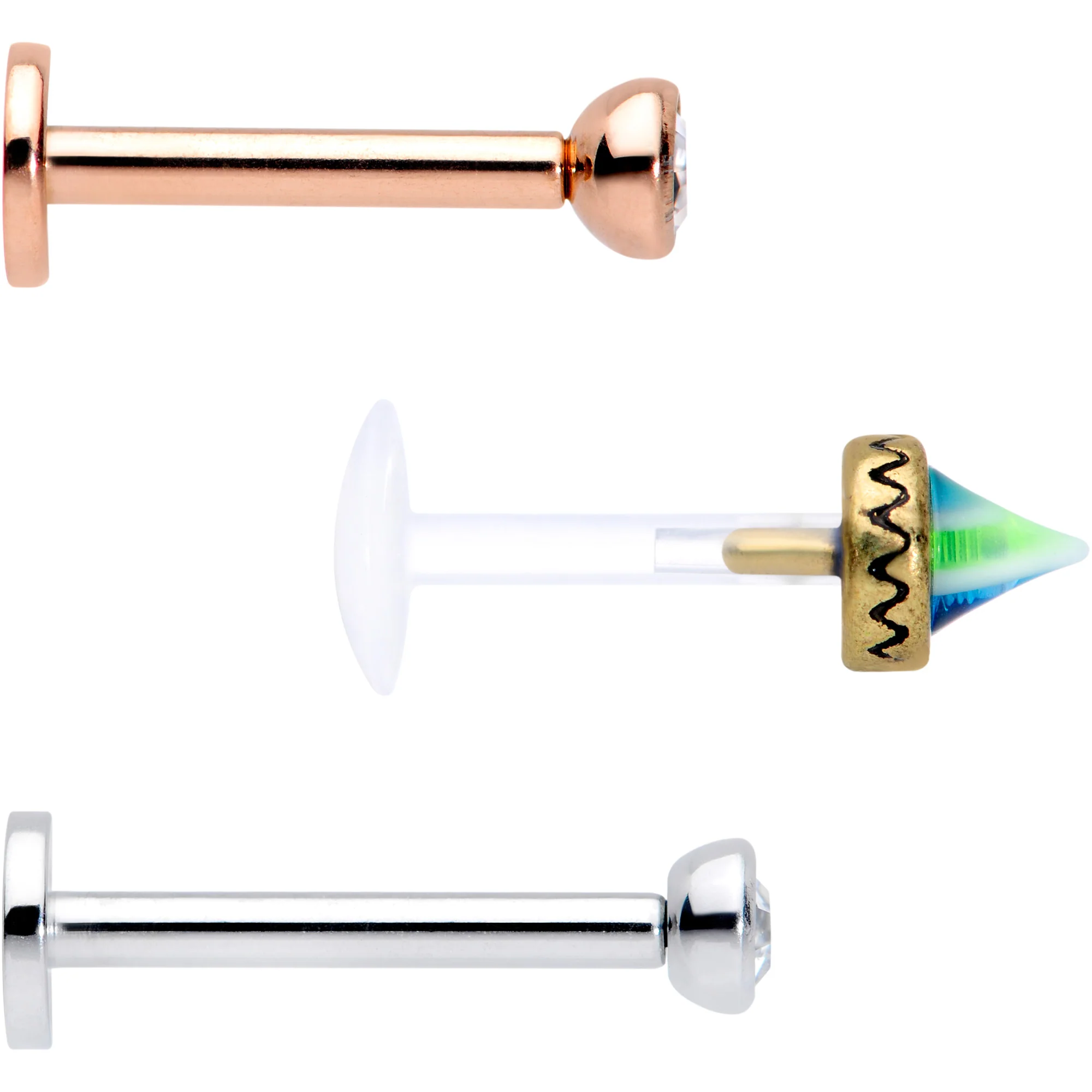 16G 5/16 Clear Gem Rose Gold Tone Bioplast Labret Tragus Set of 3 - Image 2