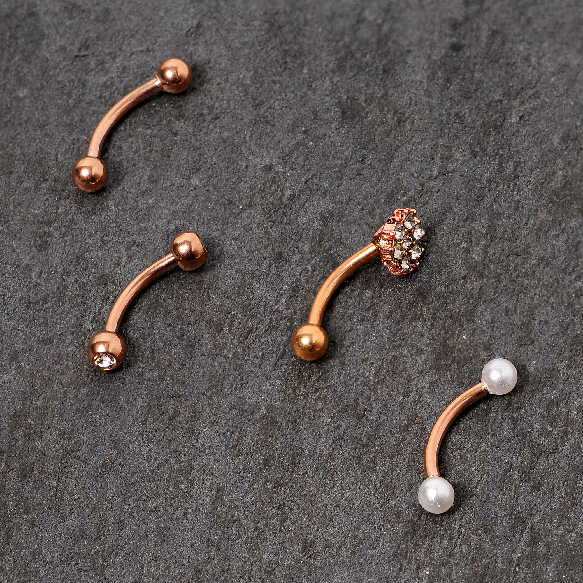 16G 5/16 Clear Gem Rose Gold Tone Curved Eyebrow Ring Set of 4 - Image 4