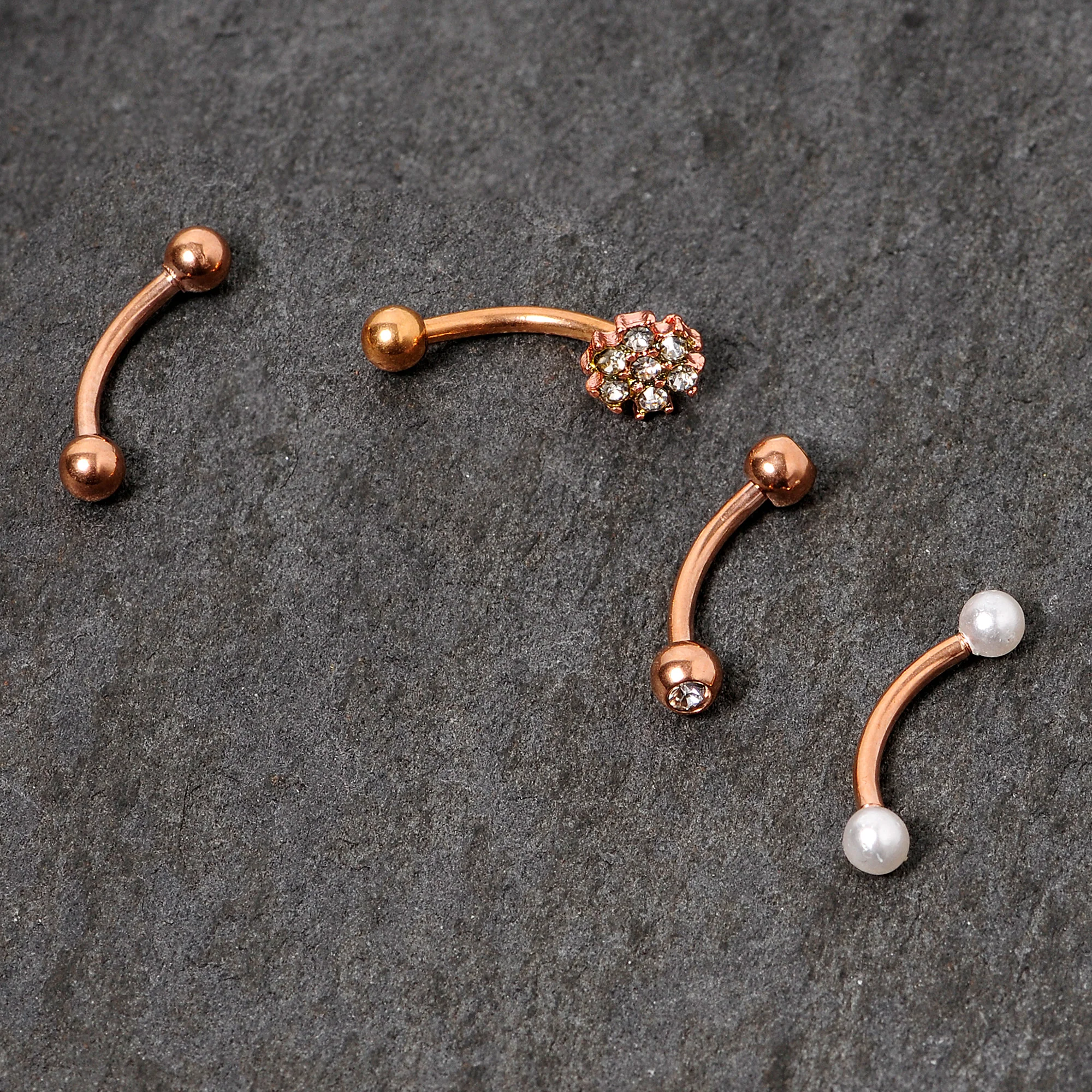 16G 5/16 Clear Gem Rose Gold Tone Curved Eyebrow Ring Set of 4 - Image 5