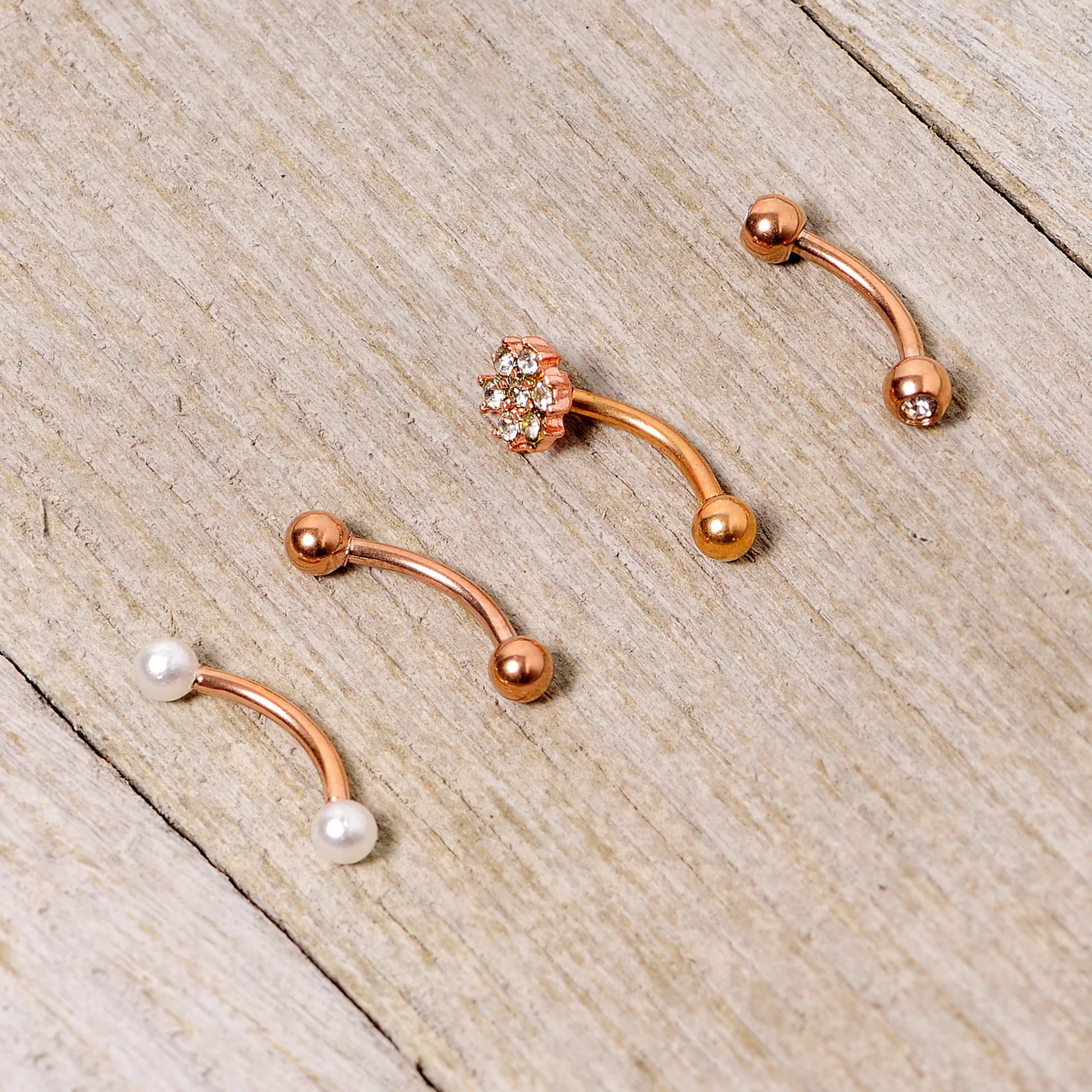 16G 5/16 Clear Gem Rose Gold Tone Curved Eyebrow Ring Set of 4 - Image 6
