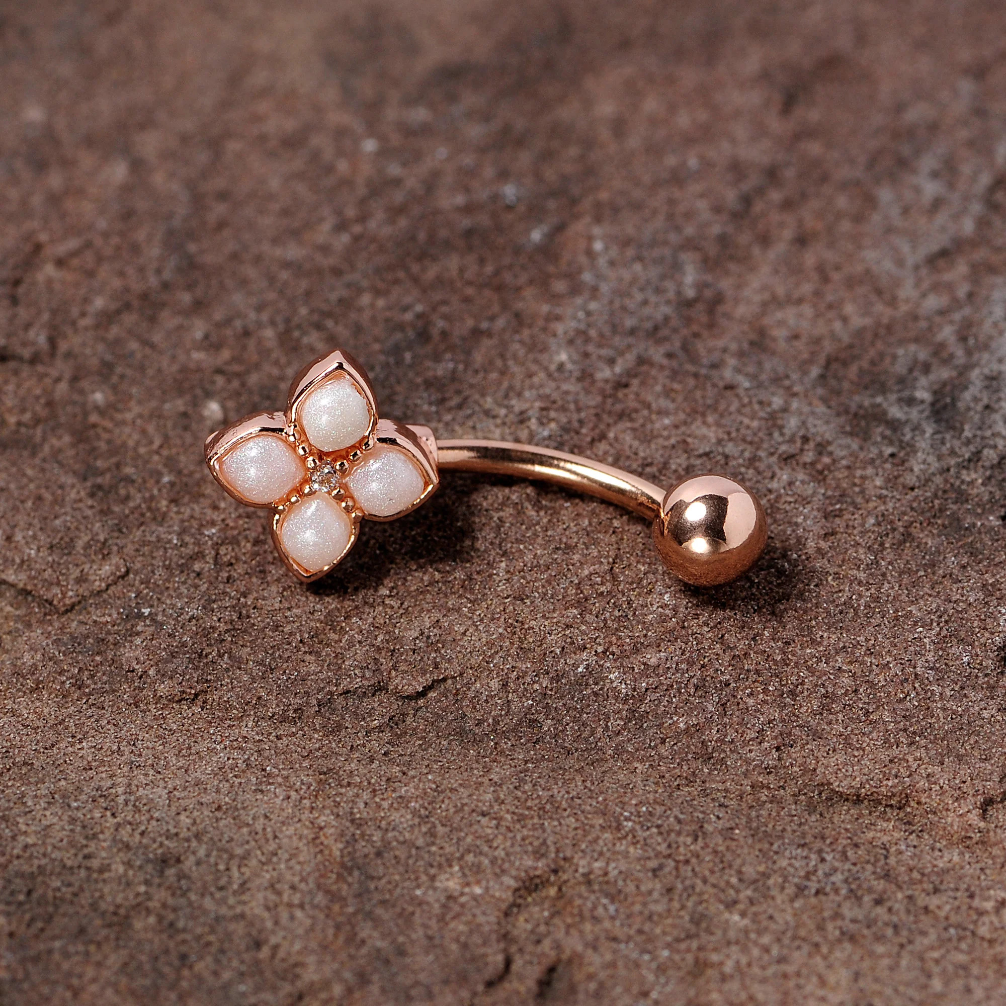 16G 5/16 Clear Gem Rose Gold Tone Rhombus Curved Eyebrow Ring - Image 2