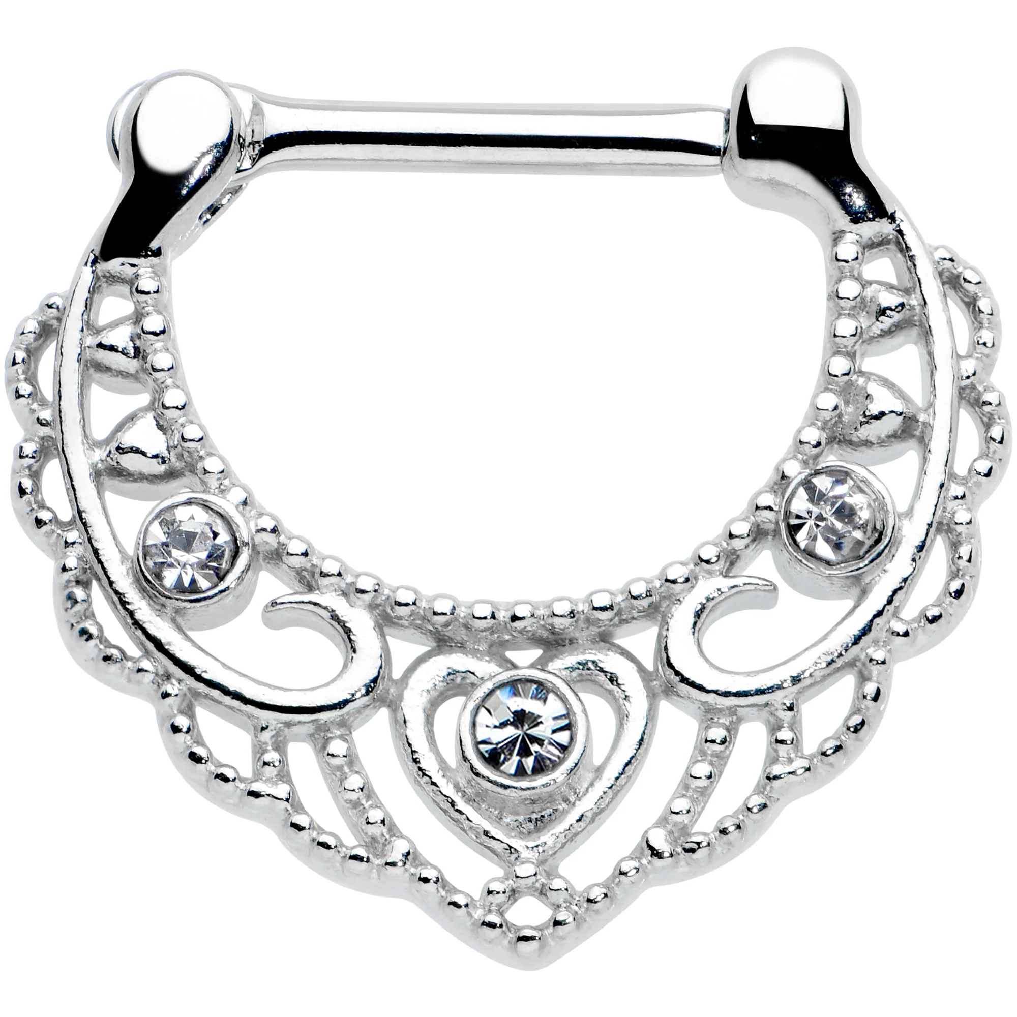 16G 5/16 Clear Gem Textured Baroque Heart Cartilage Clicker