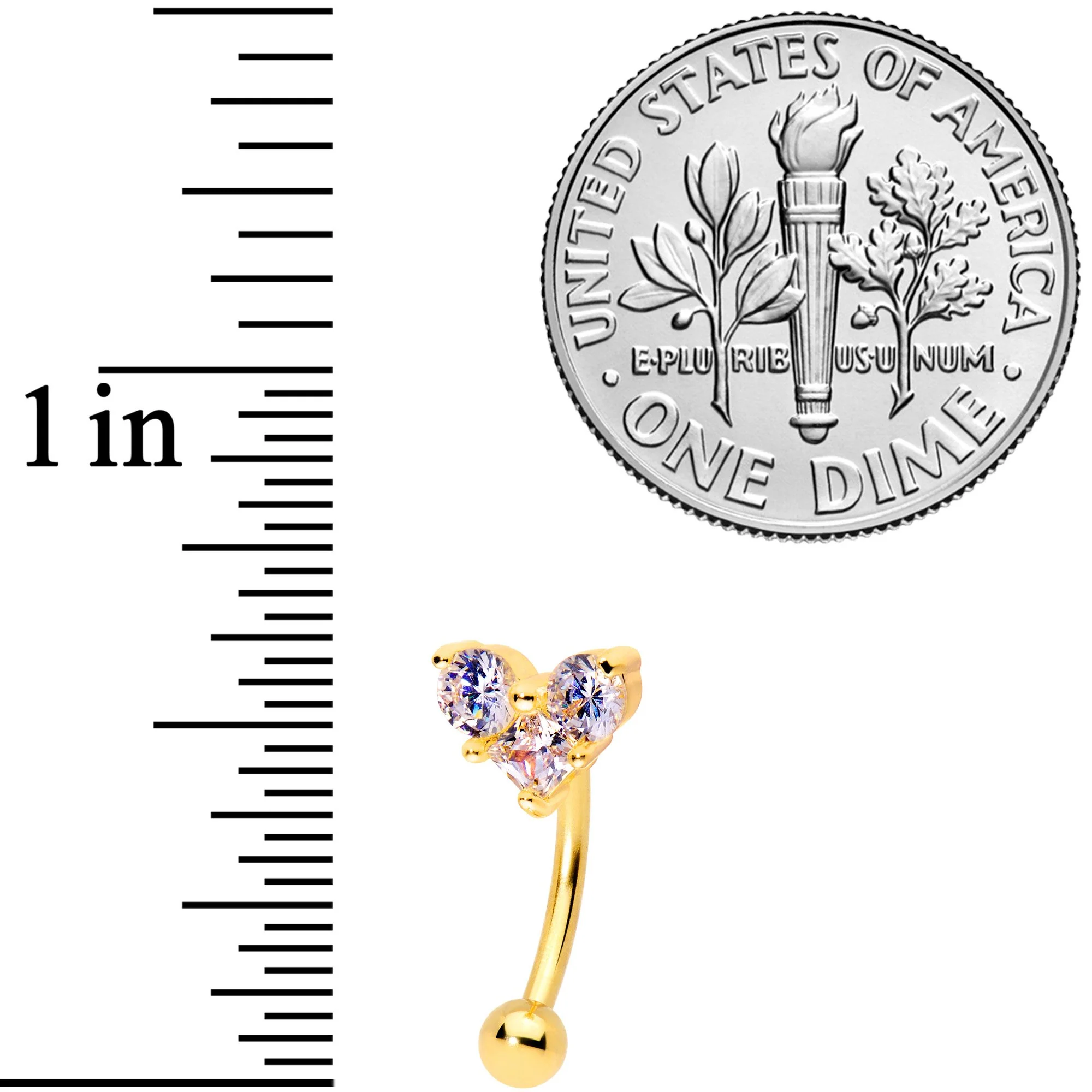 16G 5/16 Clear Gem Trio Gold Tone Heart Curved Eyebrow Ring - Image 3