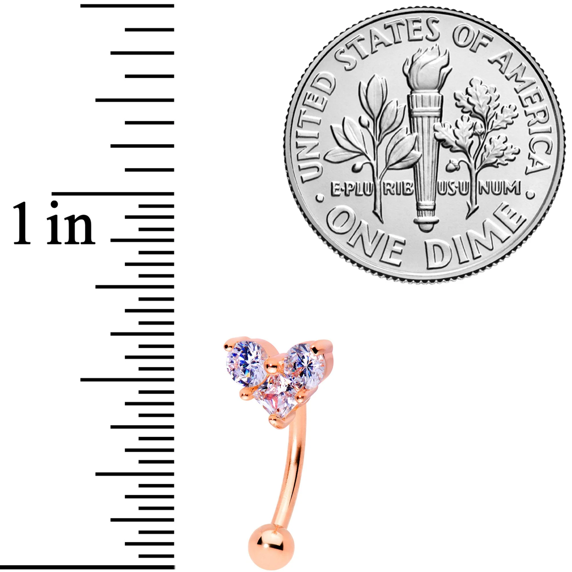 16G 5/16 Clear Gem Trio Rose Gold Tone Heart Curved Eyebrow Ring - Image 3
