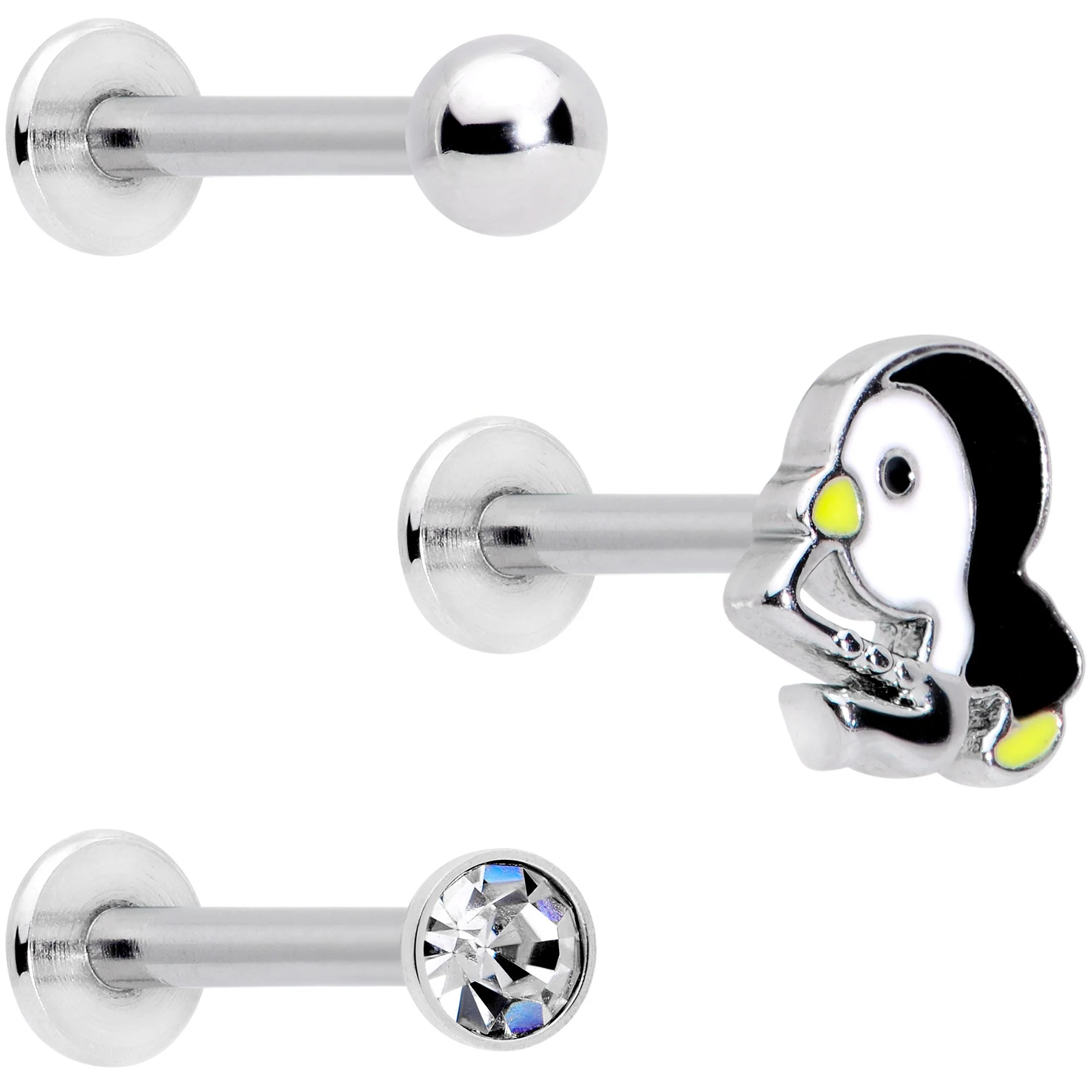 16G 5/16 Clear Gem Winter Penguin Labret Monroe Tragus Set of 3