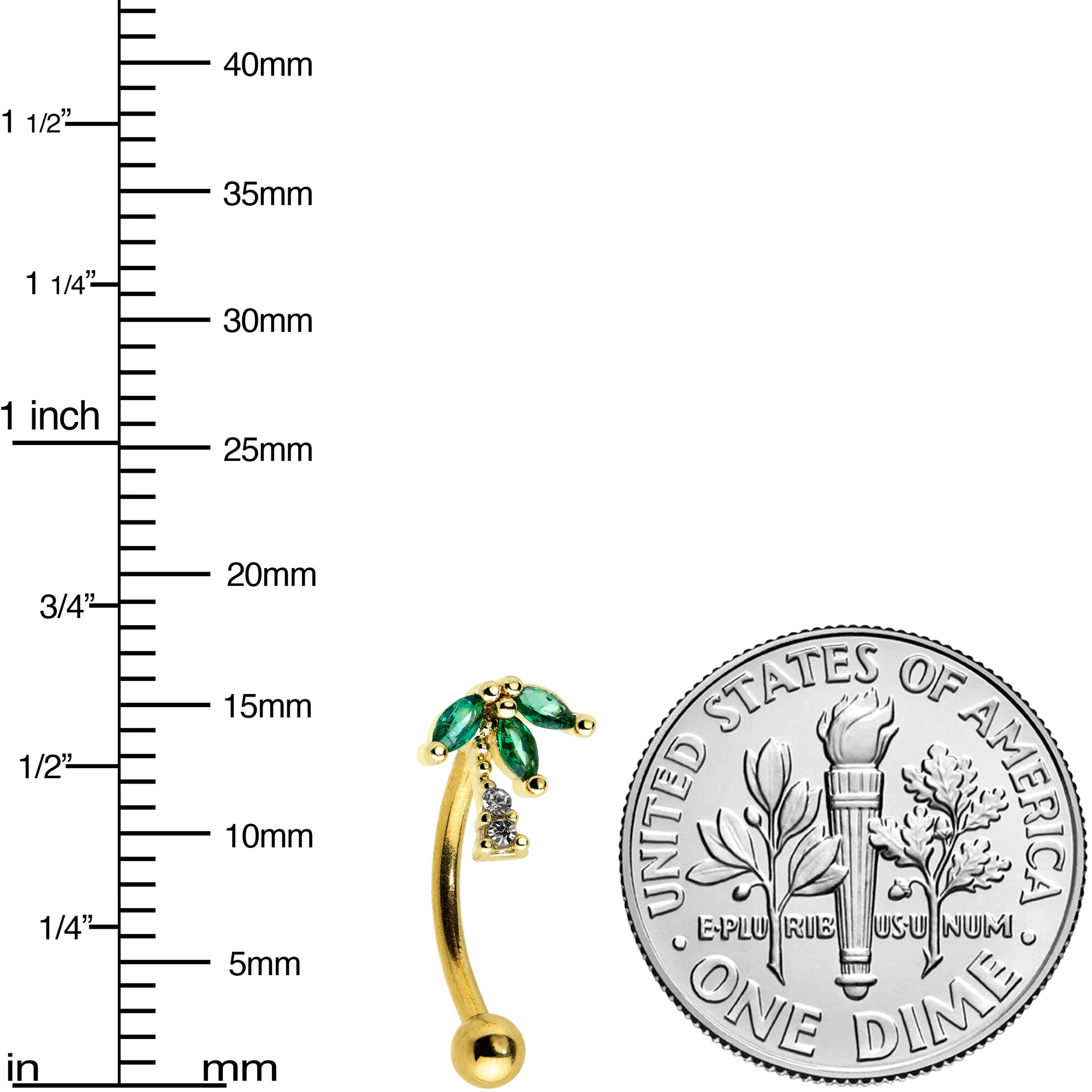 16G 5/16 Clear Green Gem Gold Tone Palm Tree Curved Eyebrow Ring - Image 2