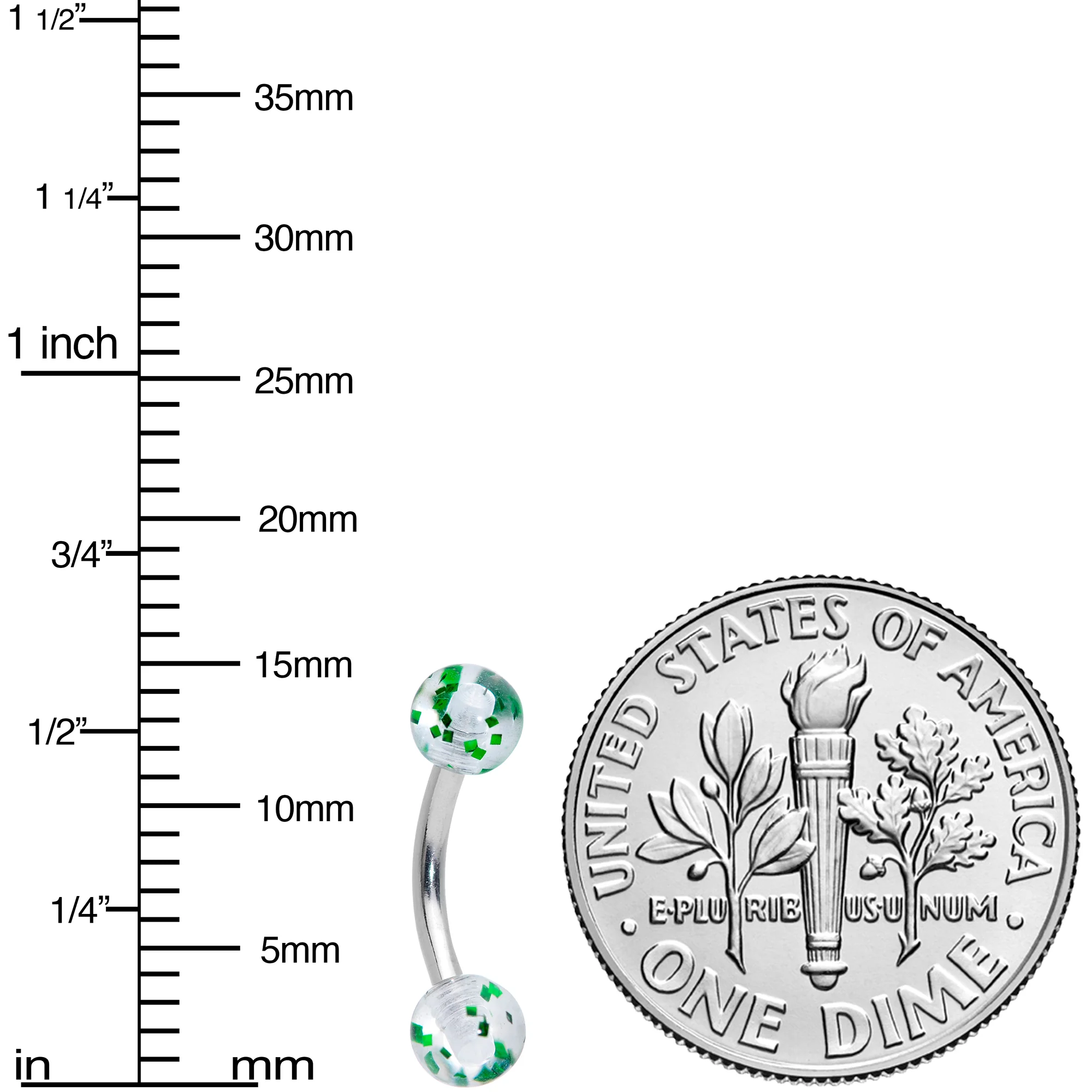 16G 5/16 Clear Green Glitter Ends Curved Barbell - Image 2
