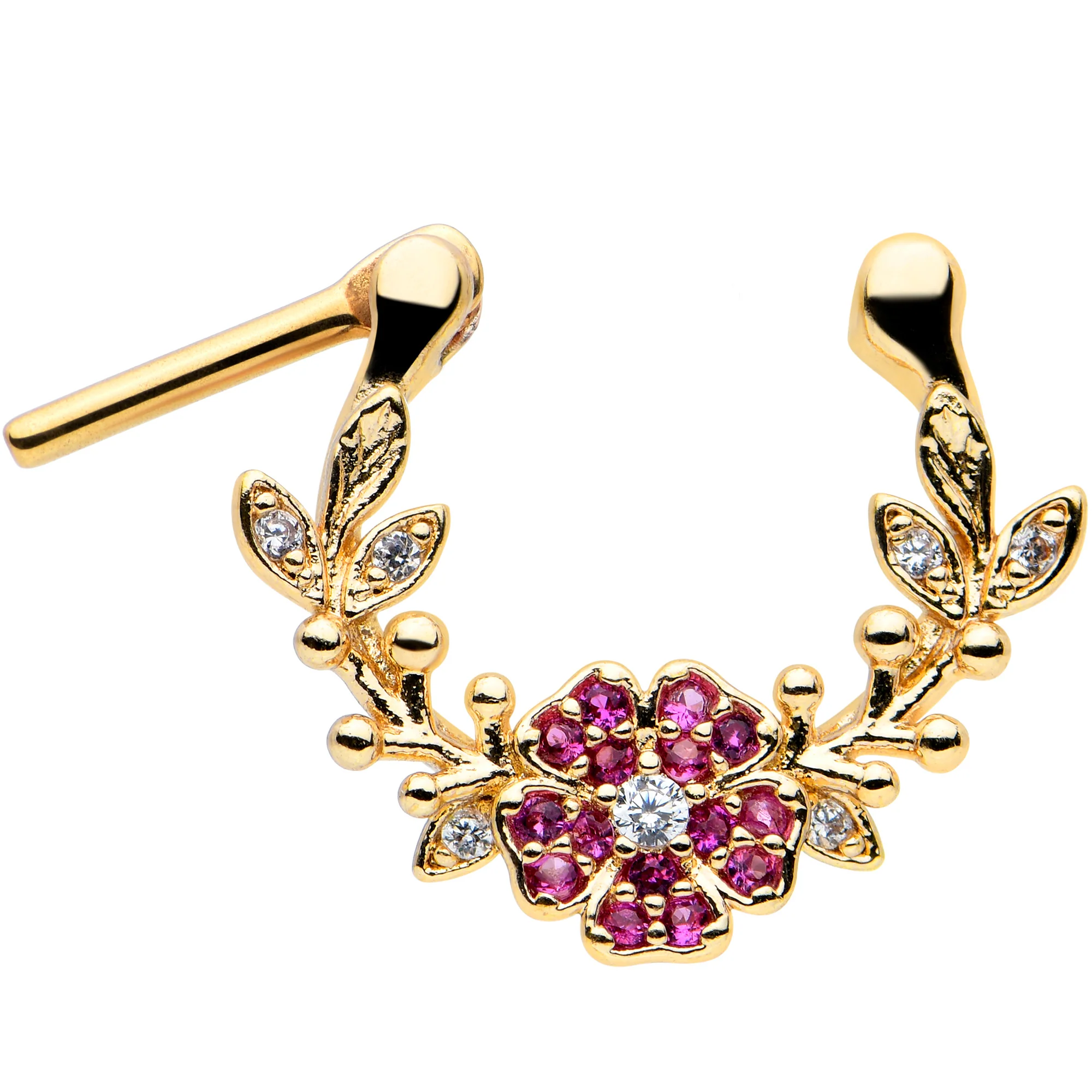 16G 5/16 Clear Pink Gem Gold Tone Floral Vine Cartilage Clicker - Image 2