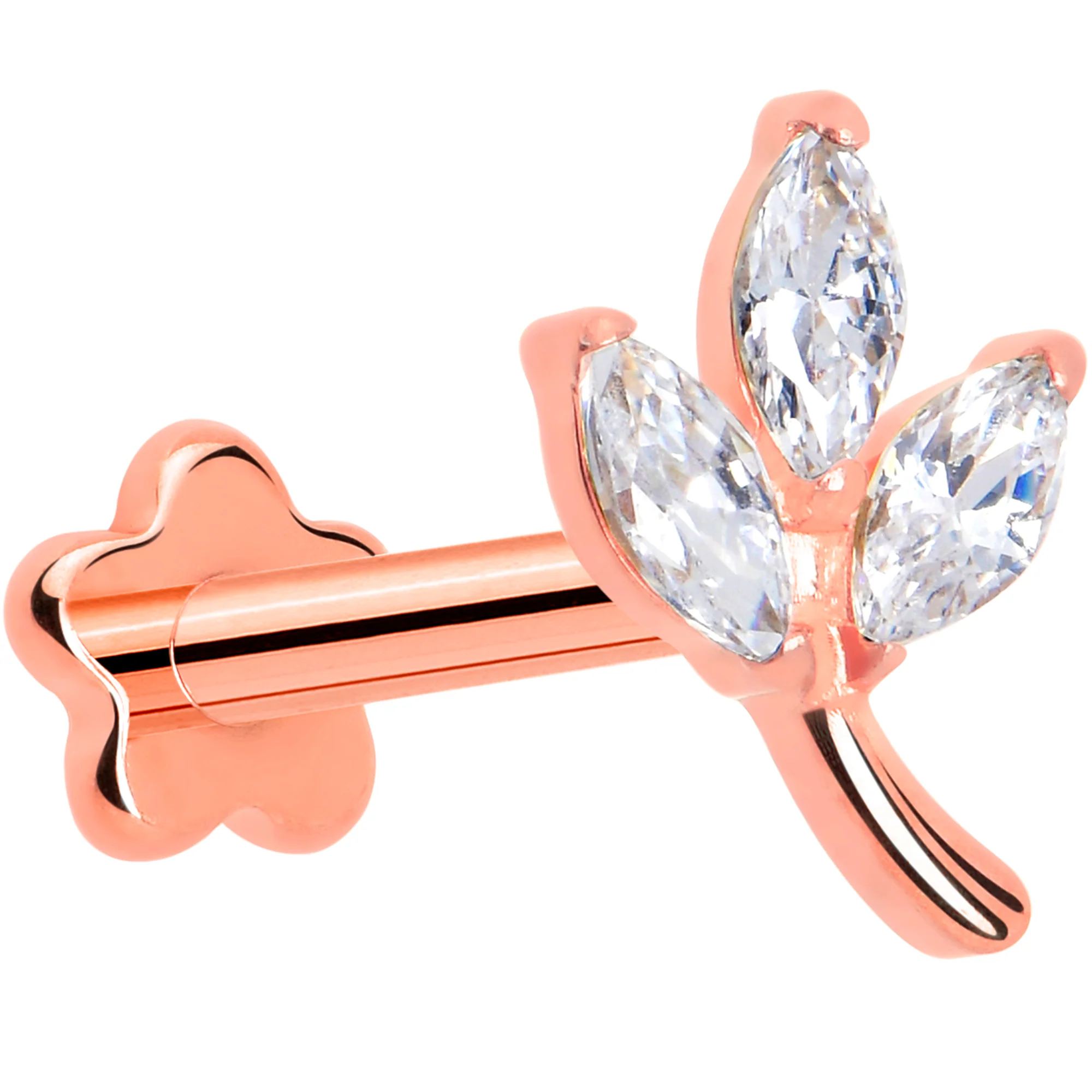 16G 5/16 CZ Gem Leaves Rose Gold PVD Medical Grade Titanium Reversible Flat Back Earring - Image 2