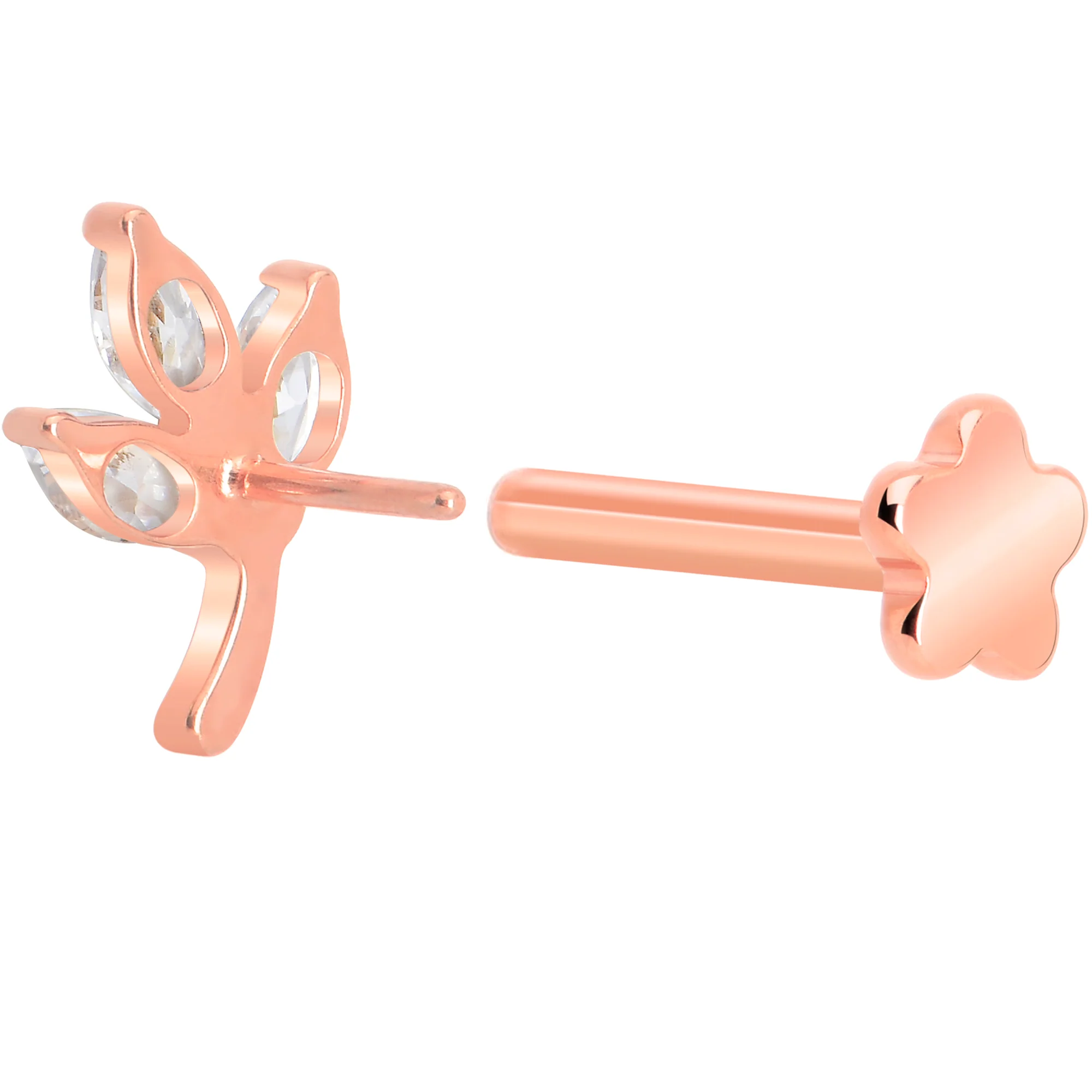 16G 5/16 CZ Gem Leaves Rose Gold PVD Medical Grade Titanium Reversible Flat Back Earring - Image 5