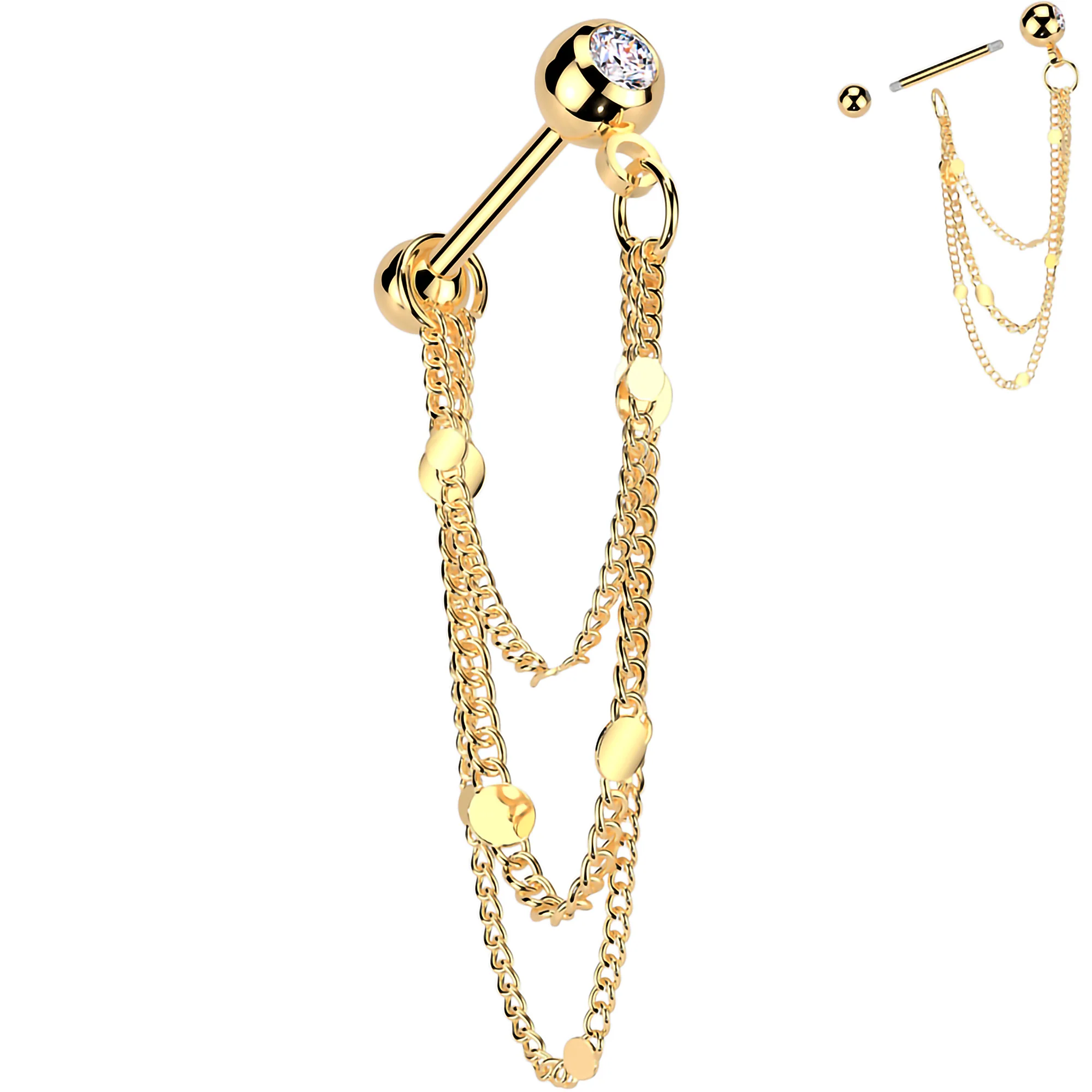 16G 5/16 CZ Gem Stud Triple Chain Cartilage Earring - Image 2