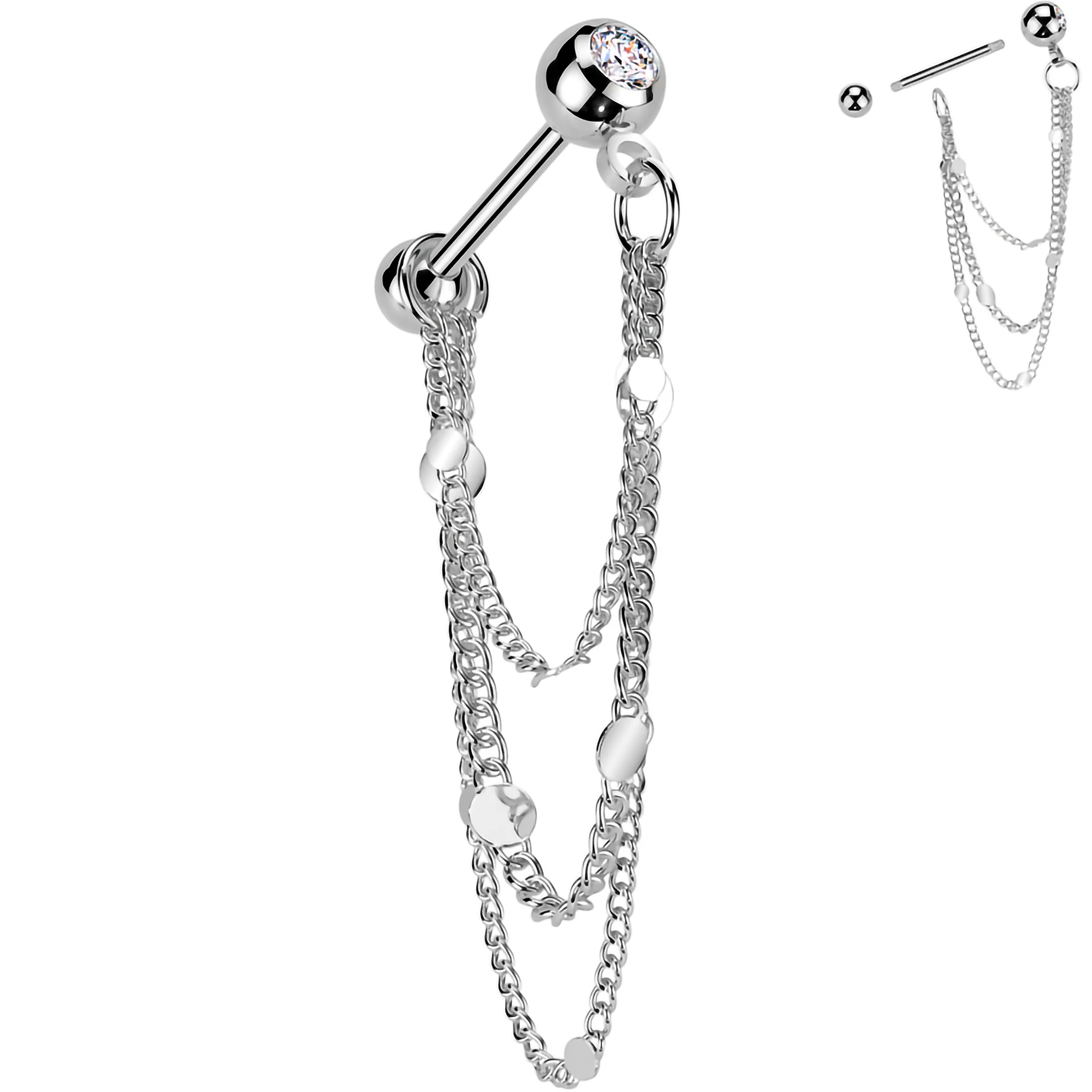 16G 5/16 CZ Gem Stud Triple Chain Cartilage Earring - Image 3