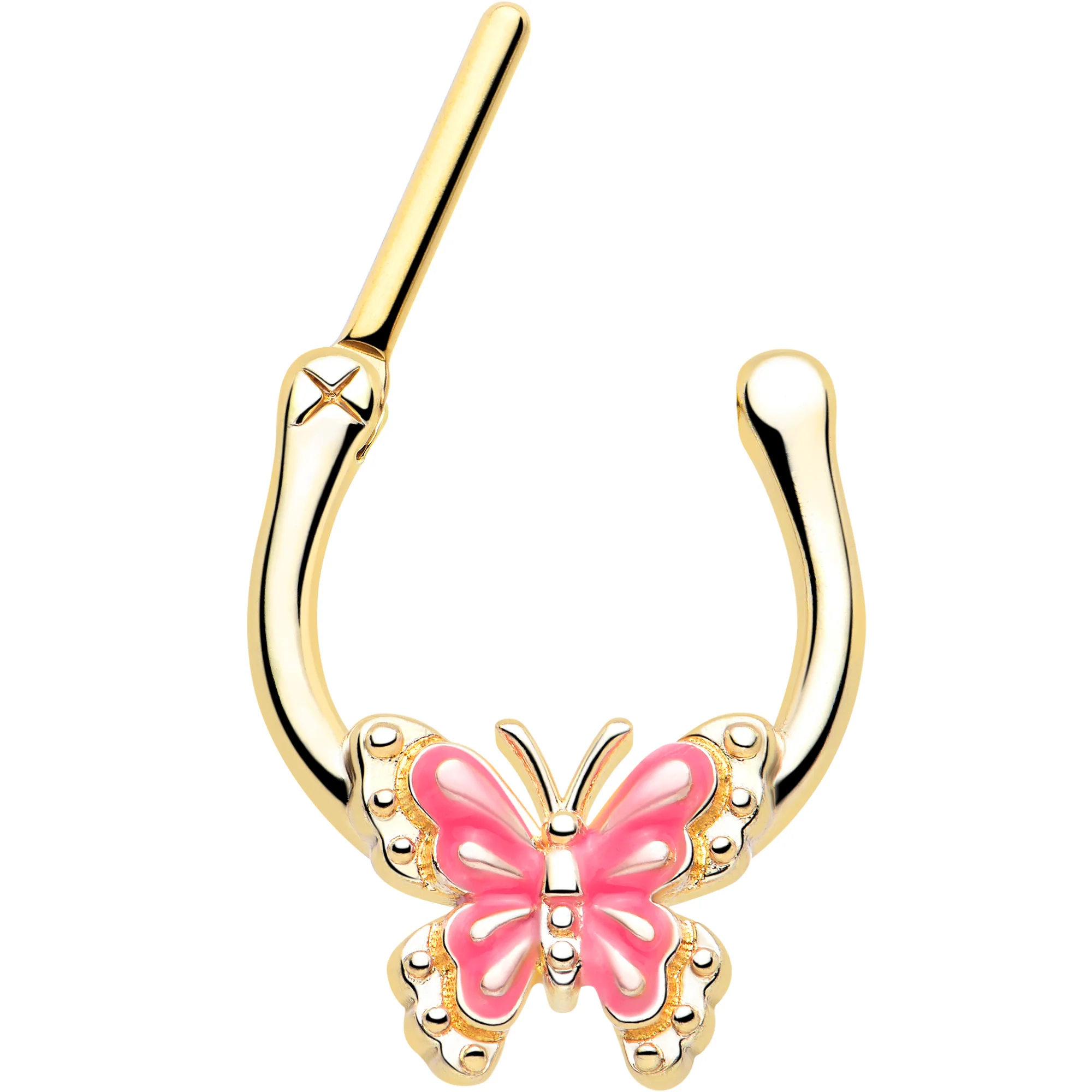 16G 5/16 Gold Tone Butterfly Pink Splash Cartilage Clicker - Image 2