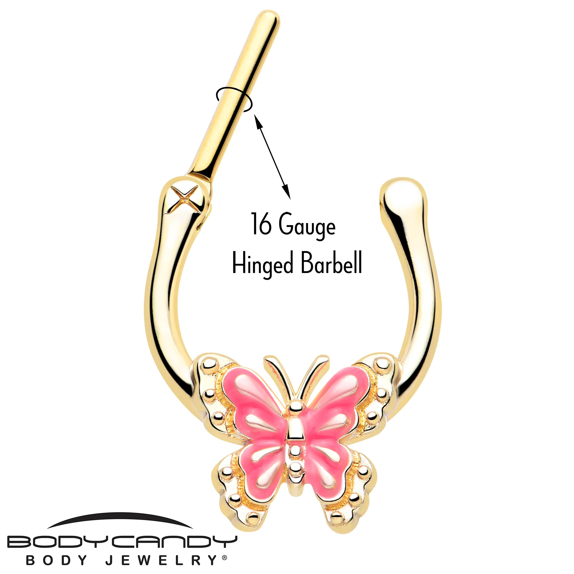 16G 5/16 Gold Tone Butterfly Pink Splash Cartilage Clicker - Image 3
