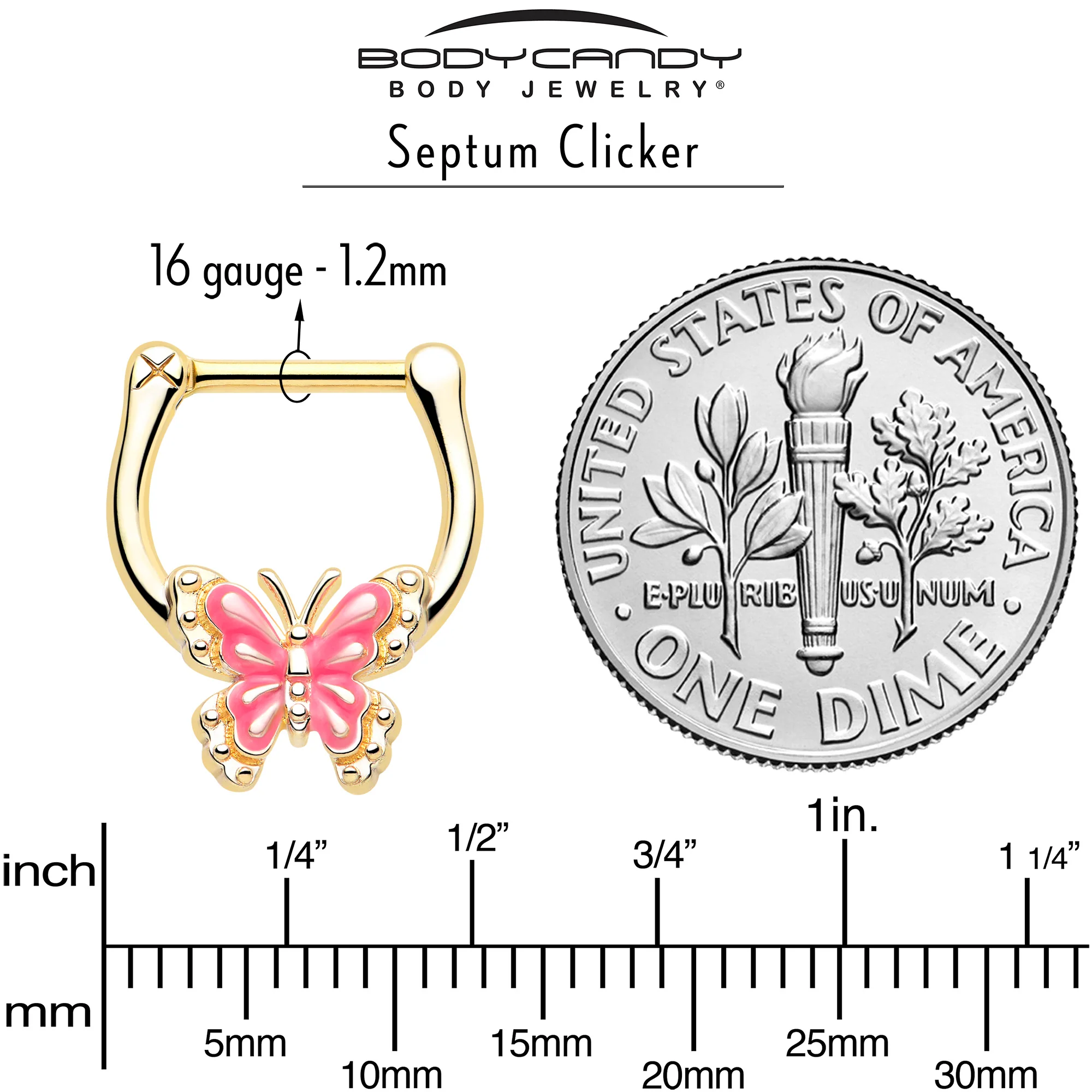 16G 5/16 Gold Tone Butterfly Pink Splash Cartilage Clicker - Image 4