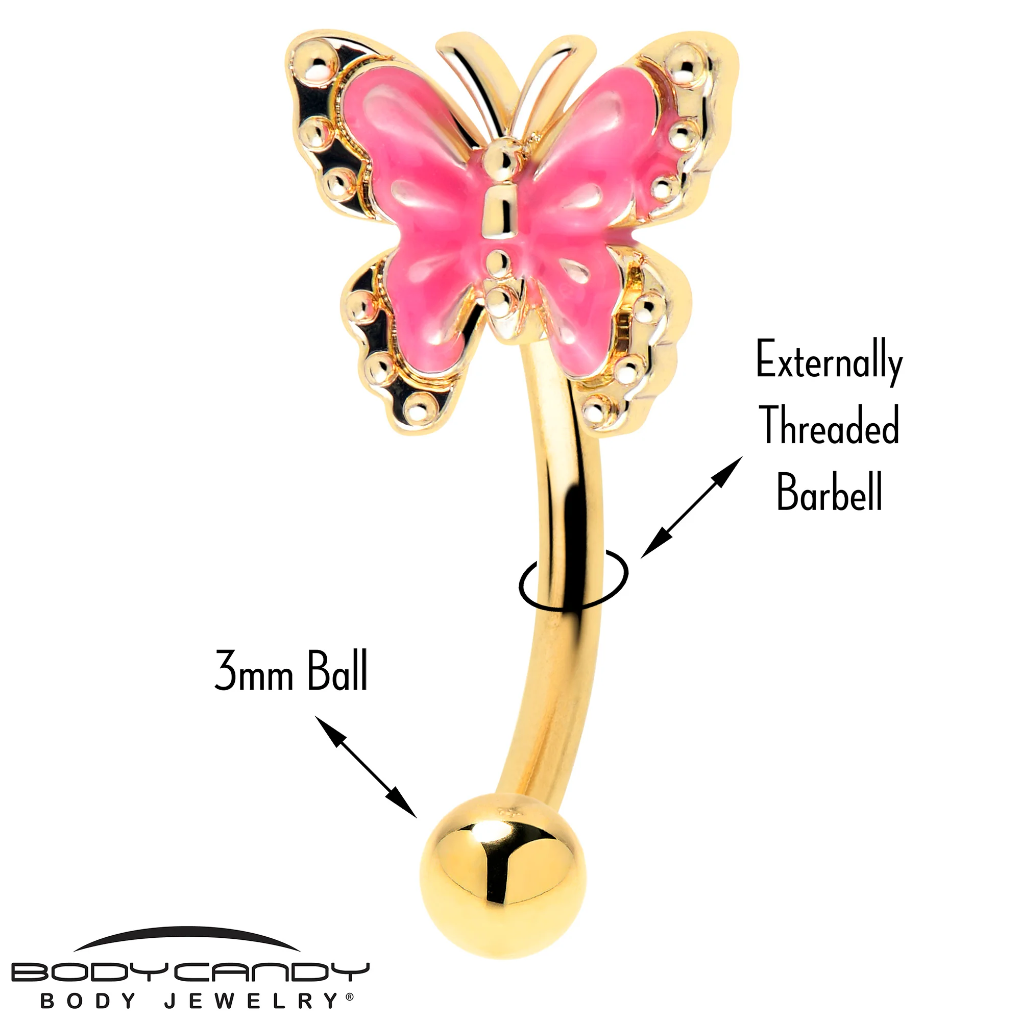 16G 5/16 Gold Tone Butterfly Pink Splash Curved Eyebrow Ring - Image 2