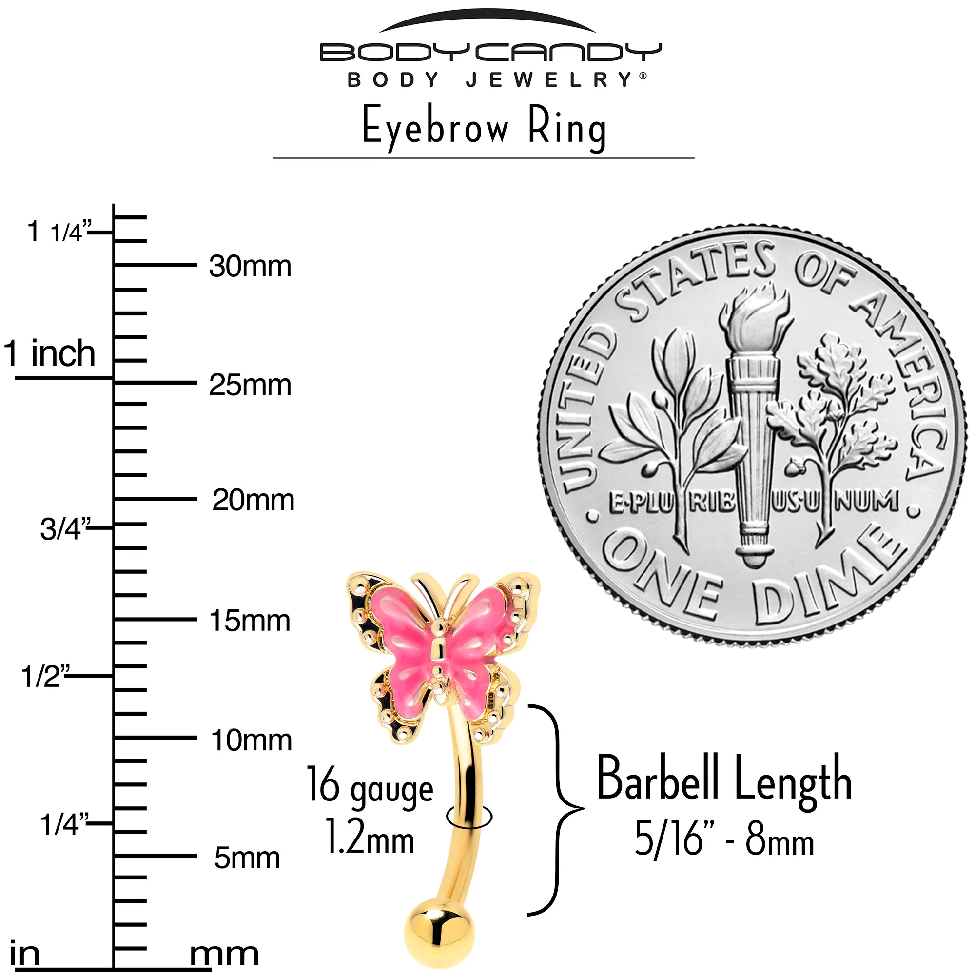 16G 5/16 Gold Tone Butterfly Pink Splash Curved Eyebrow Ring - Image 4
