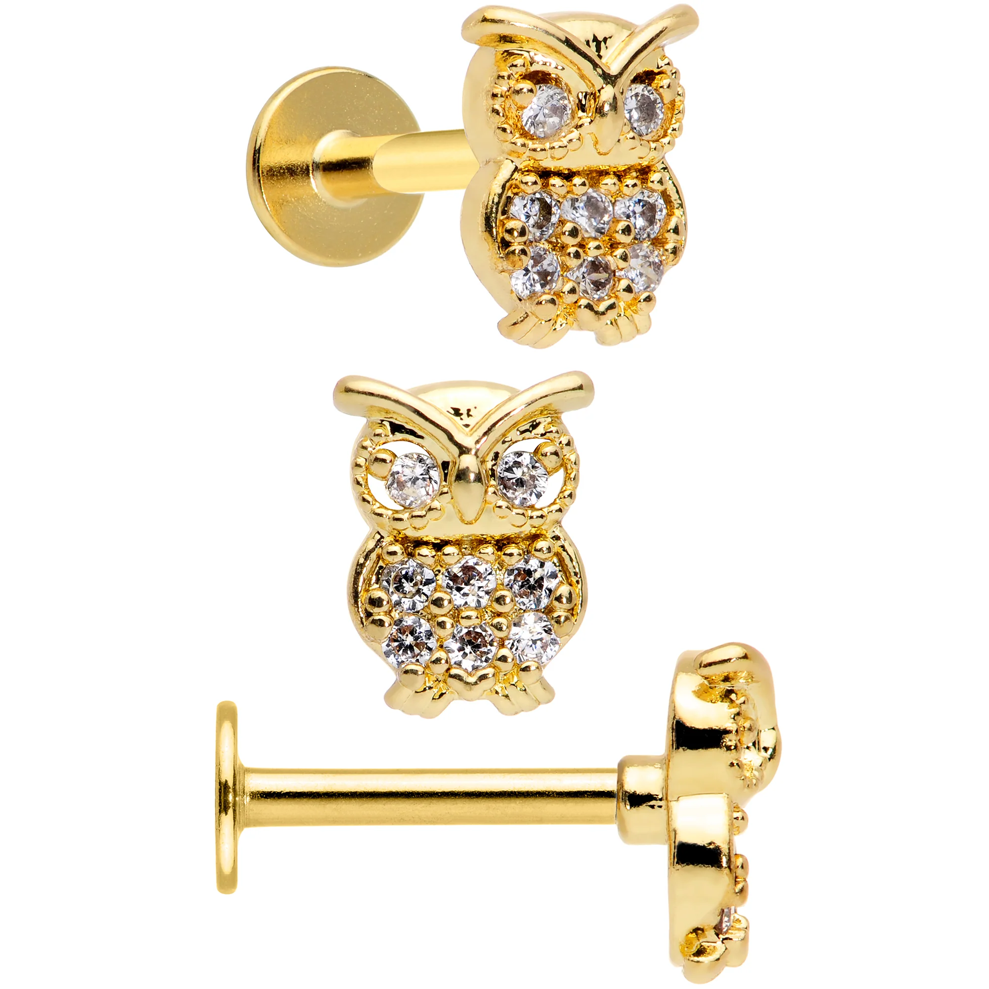 16G 5/16 Gold Tone Clear Gem Owl Moon Labret Tragus Set of 3 - Image 2