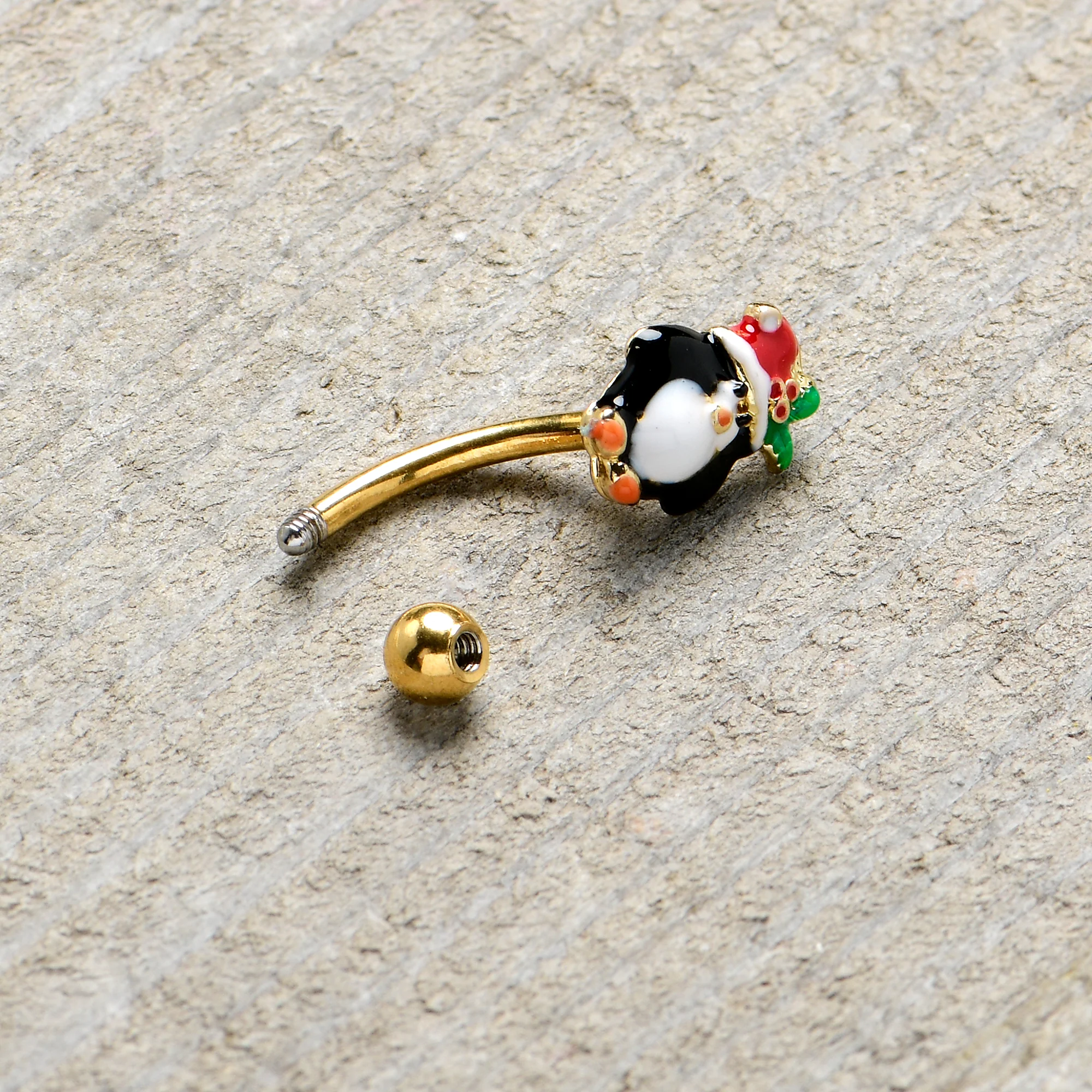 16G 5/16 Gold Tone Holly Hat Penguin Holiday Curved Eyebrow Ring - Image 3