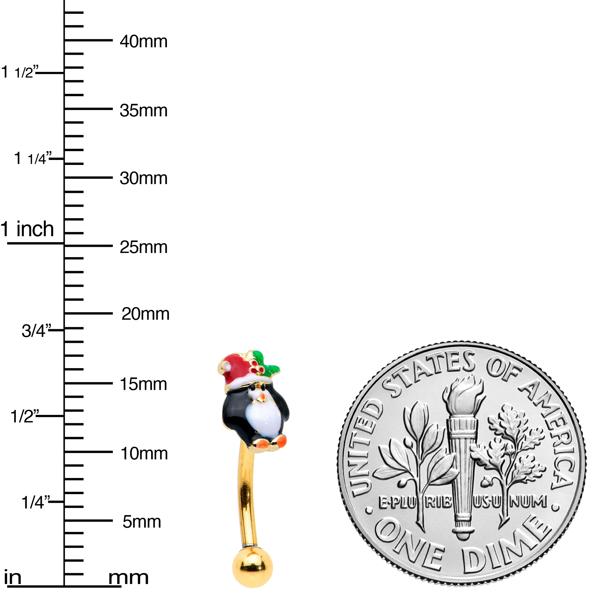 16G 5/16 Gold Tone Holly Hat Penguin Holiday Curved Eyebrow Ring - Image 5