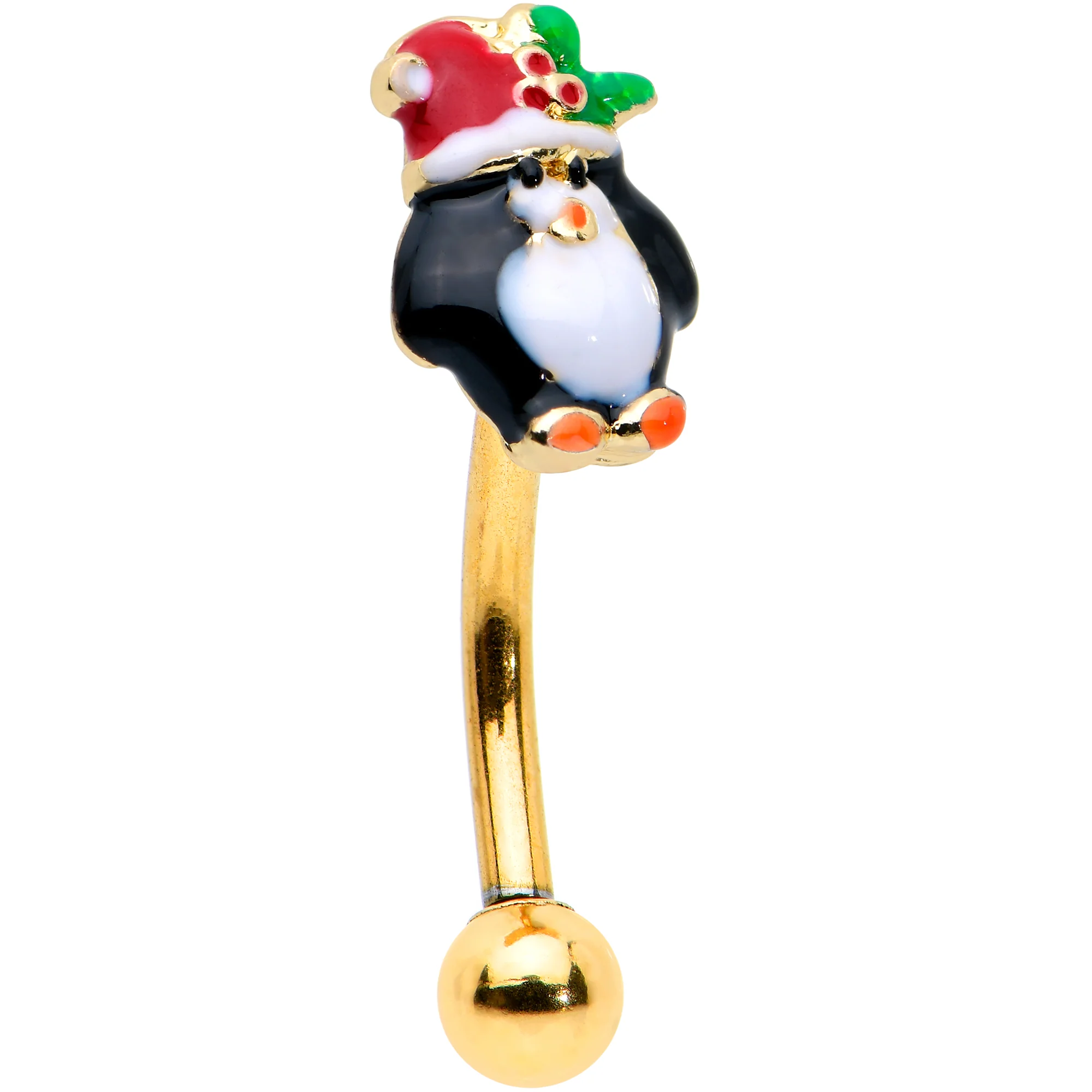16G 5/16 Gold Tone Holly Hat Penguin Holiday Curved Eyebrow Ring - Image 8