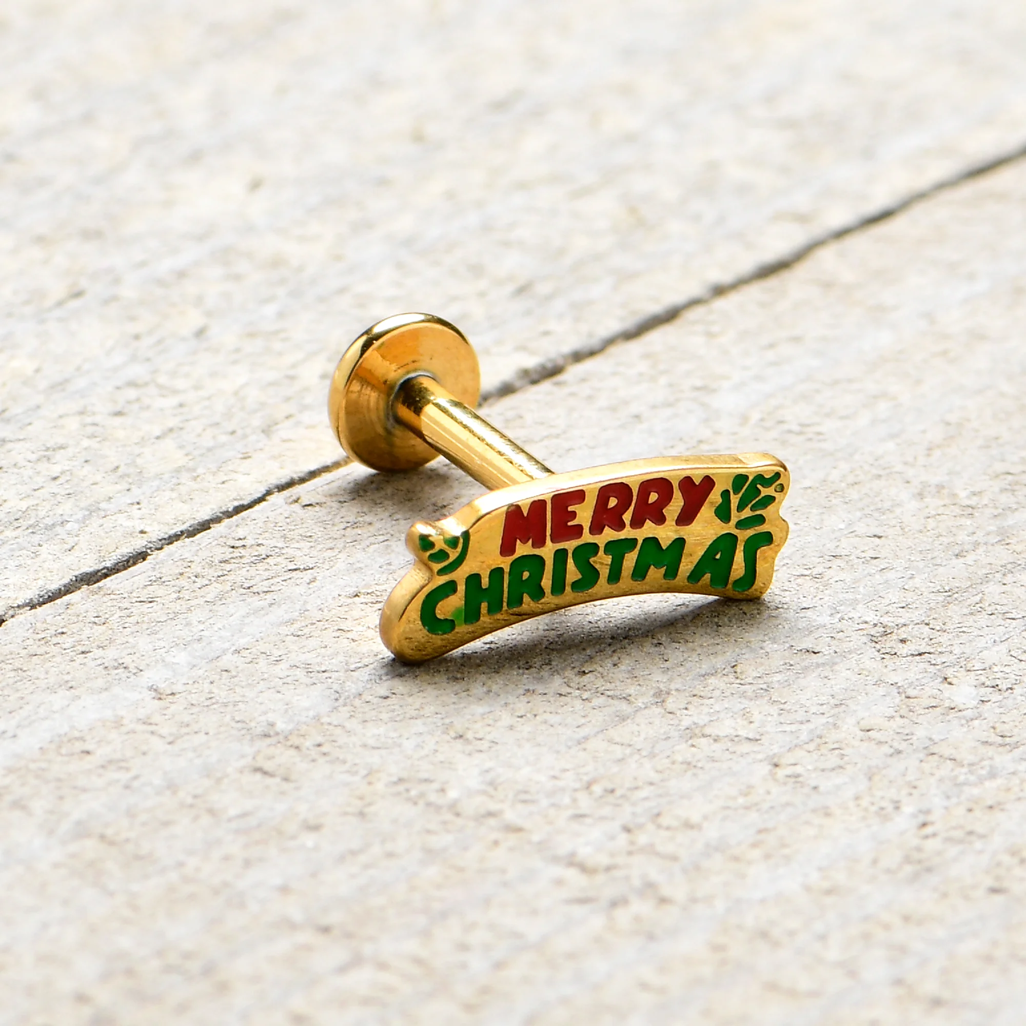 16G 5/16 Gold Tone Merry Christmas Inlaid Labret Monroe Tragus - Image 5