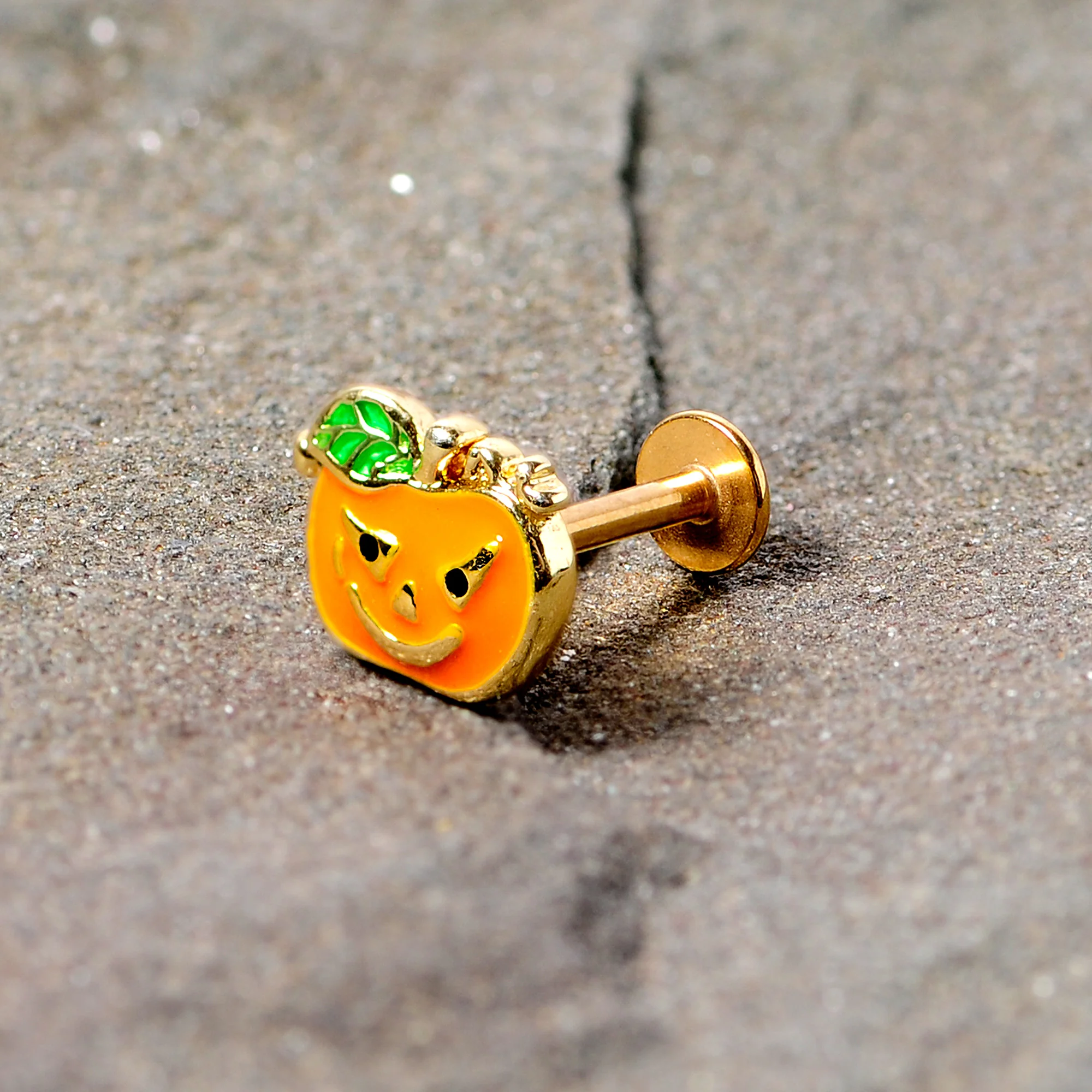 16G 5/16 Gold Tone Pumpkin Halloween Labret Monore Tragus - Image 3