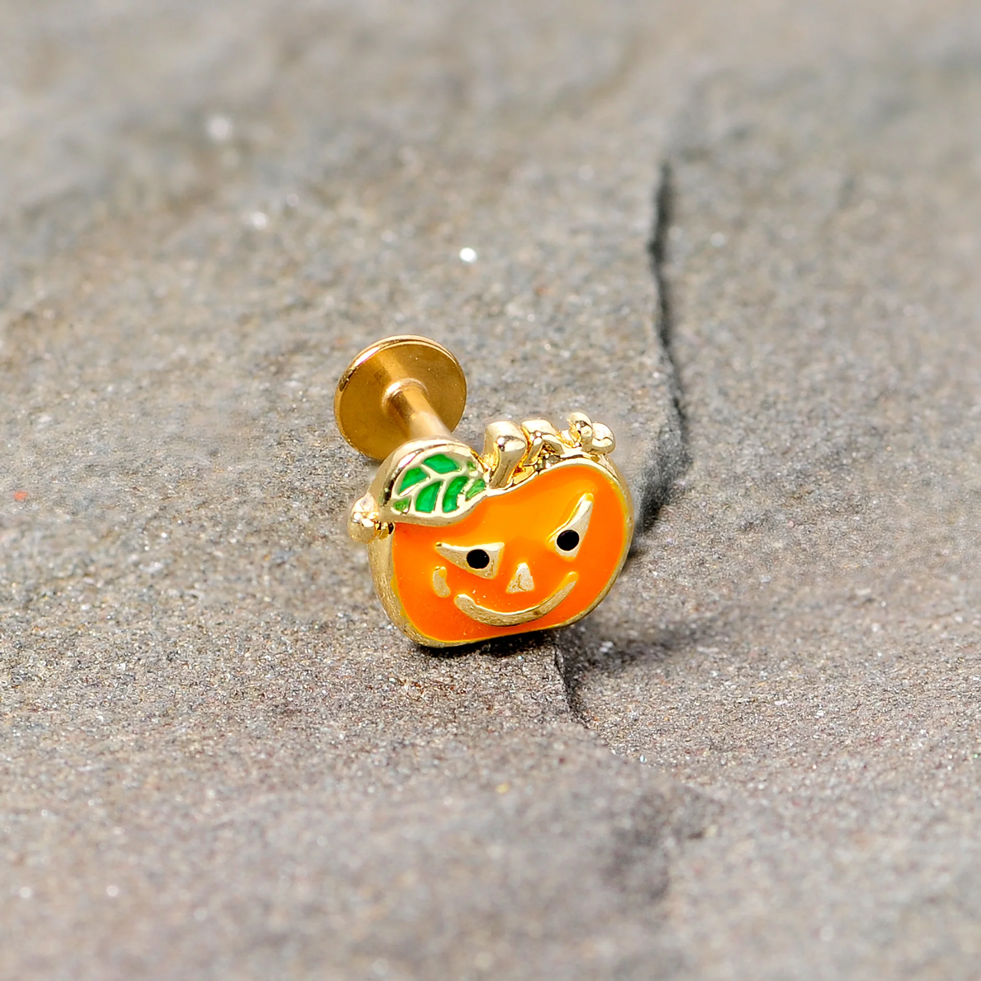 16G 5/16 Gold Tone Pumpkin Halloween Labret Monore Tragus - Image 4