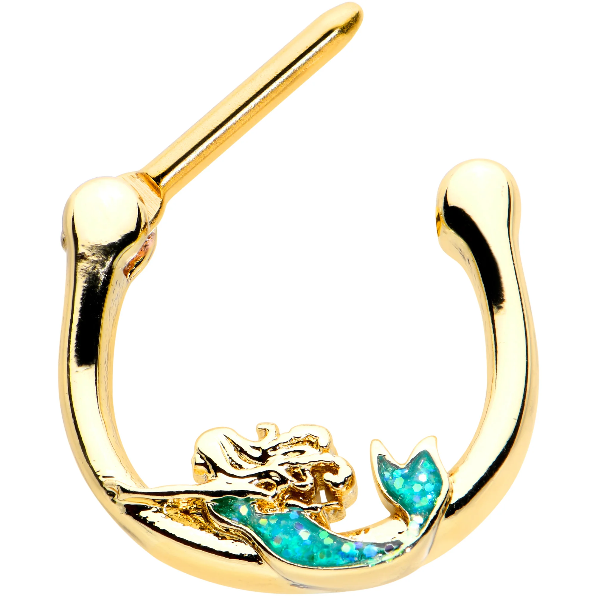 16G 5/16 Green Faux Opal Gold Hue Curvy Mermaid Cartilage Clicker - Image 2