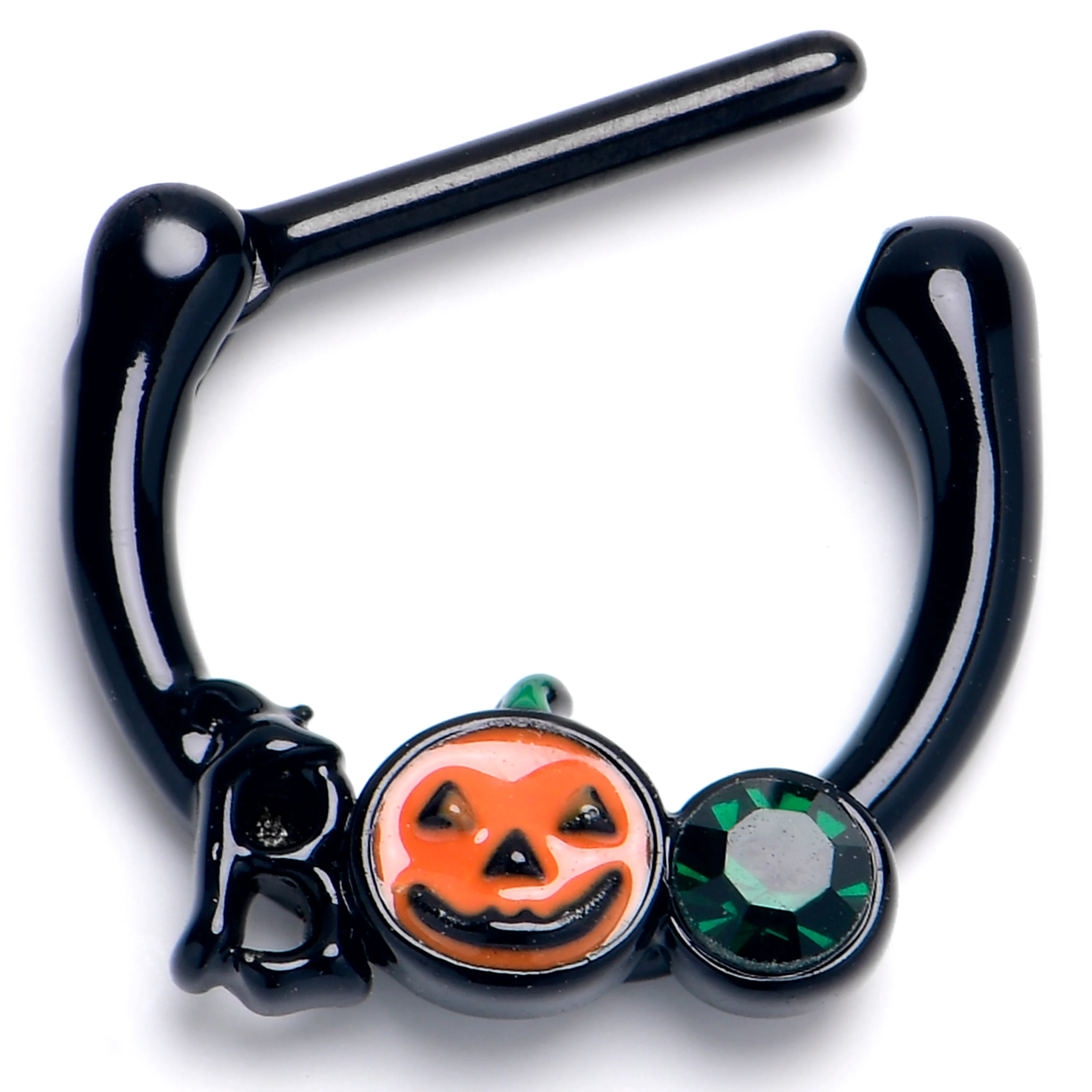16G 5/16 Green Gem Black Boo Halloween Cartilage Clicker