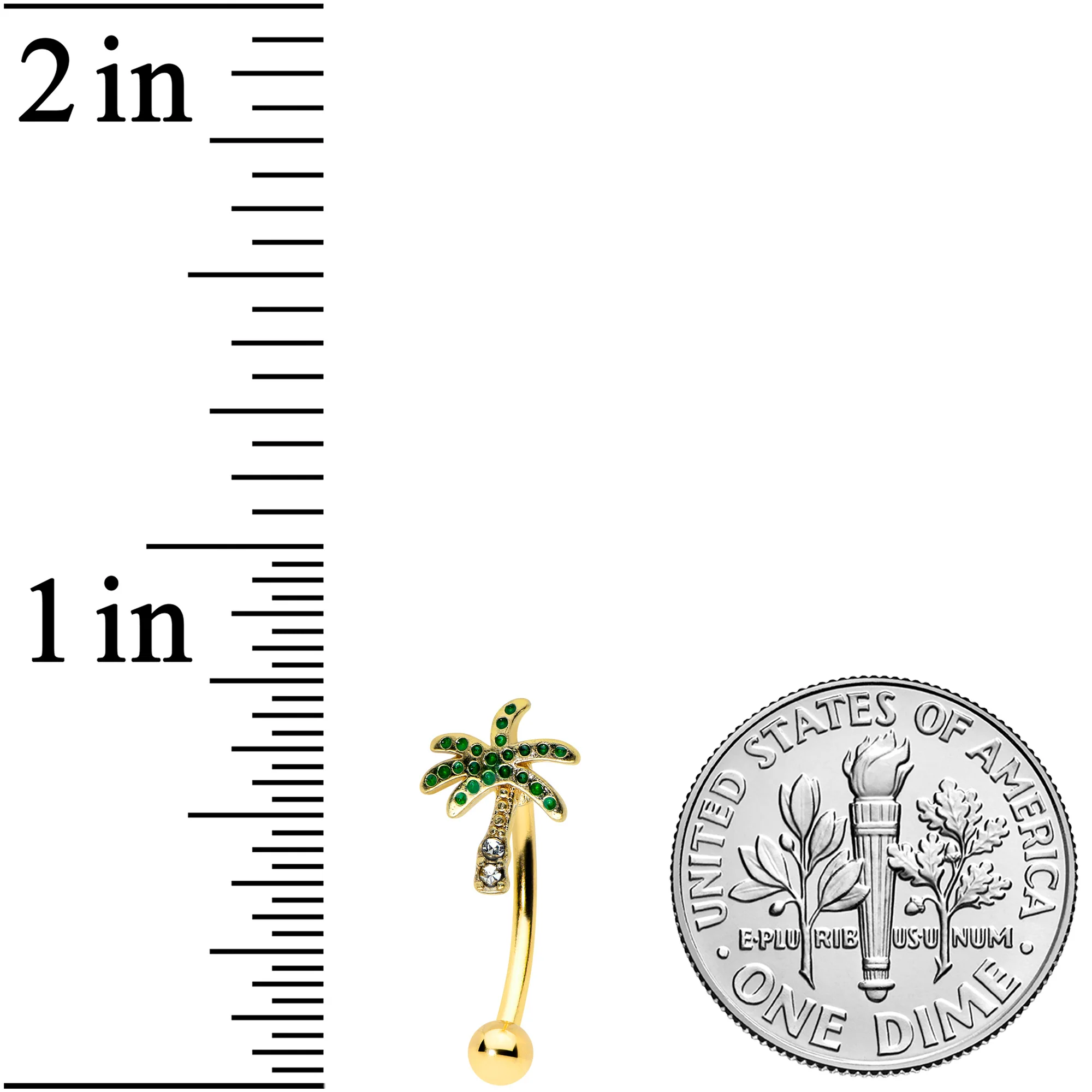 16G 5/16 Green Gem Gold Tone Retro Palm Tree Curved Eyebrow Ring - Image 2