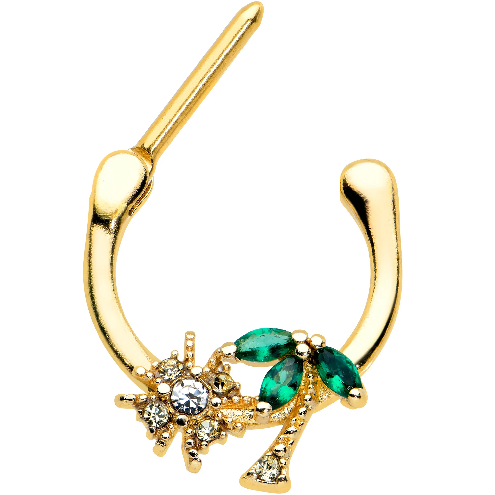16G 5/16 Green Gem Gold Tone Sun Palm Tree Cartilage Clicker Ring - Image 2