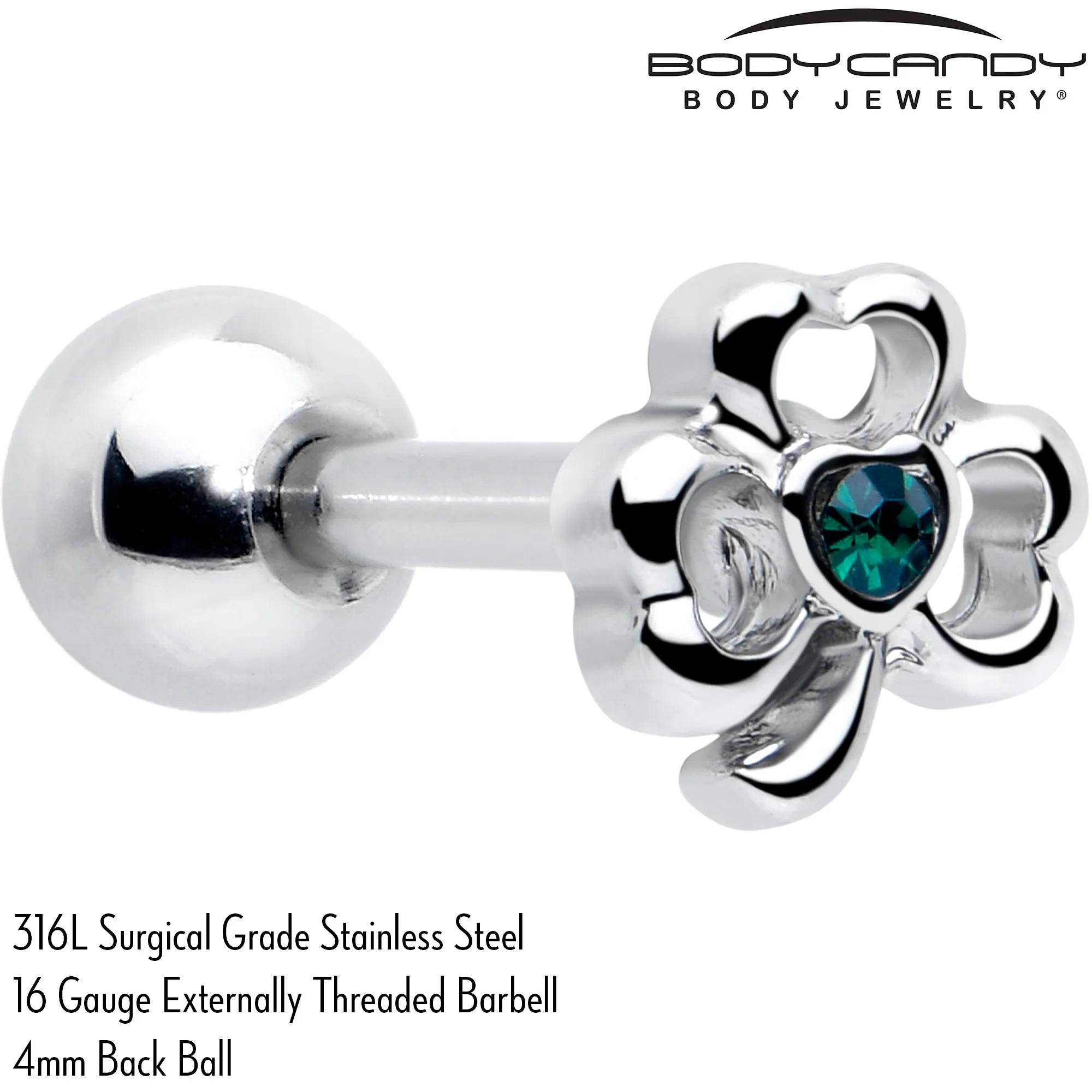 16G 5/16 Green Gem Heart Shamrock St Patricks Cartilage Earring - Image 2