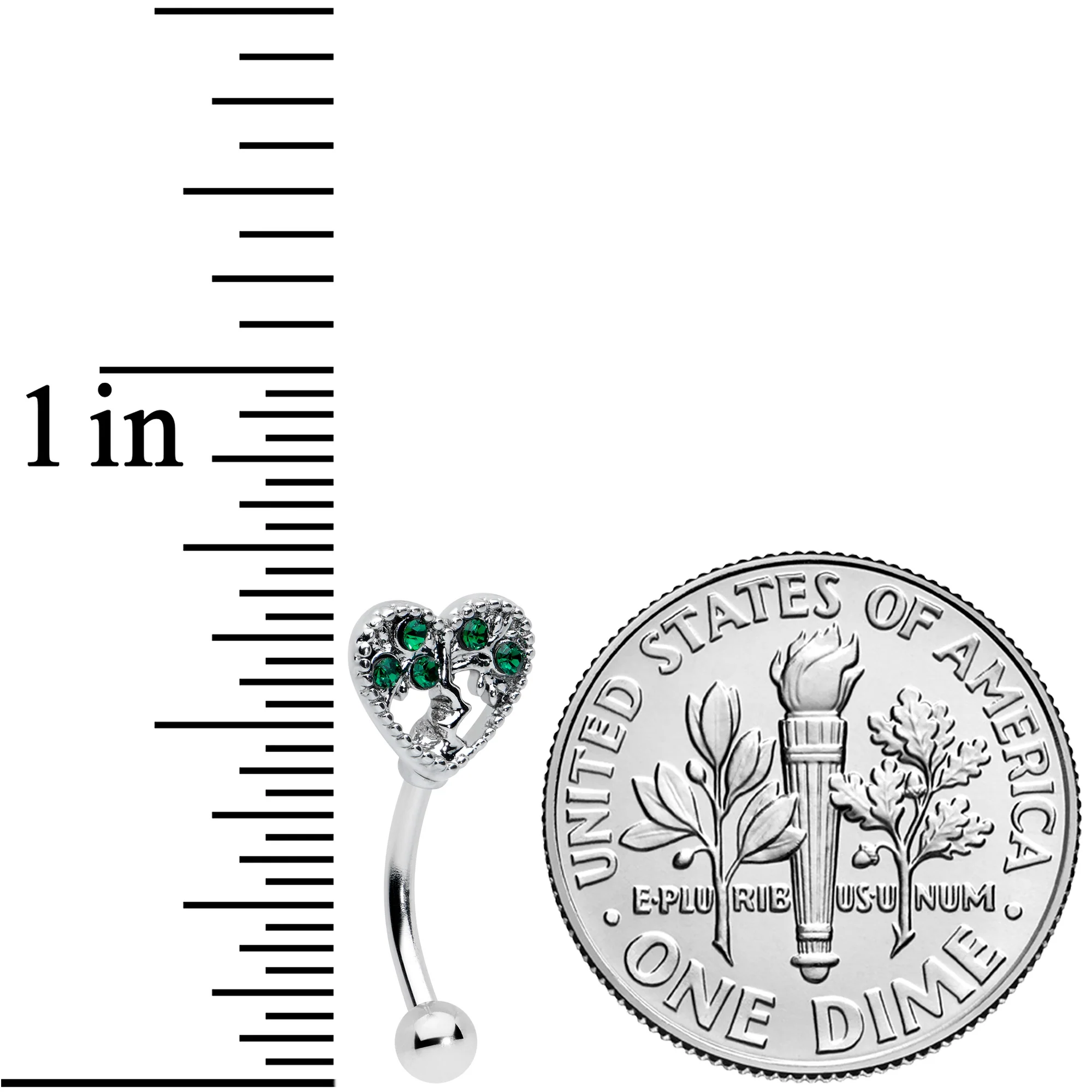 16G 5/16 Green Gem Heart Tree Valentine Curved Eyebrow Ring - Image 2