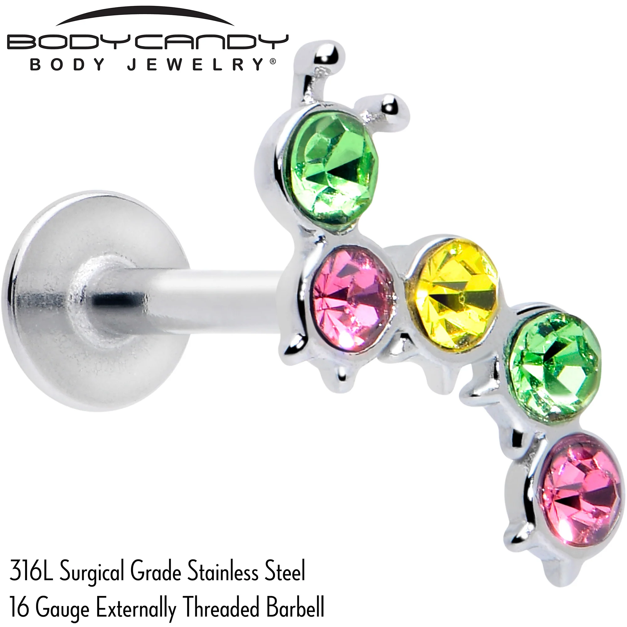 16G 5/16 Green Pink Gem Caterpillar Labret Monroe Tragus - Image 2