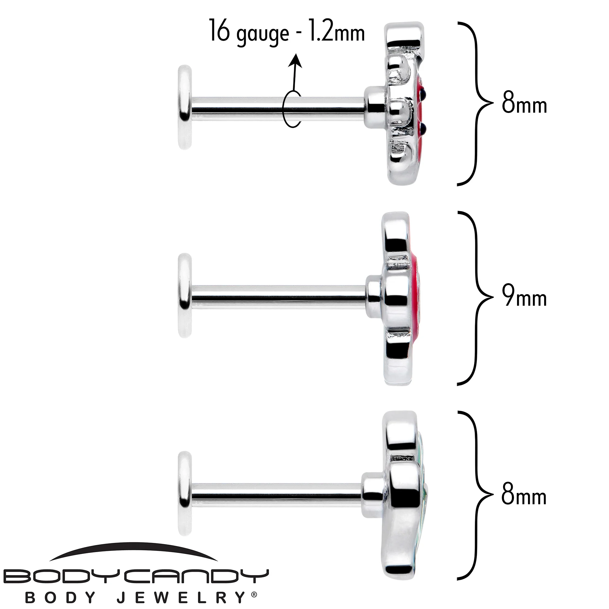 16G 5/16 Ladybug Hippie Flower Labret Monroe Tragus Set of 3 - Image 2