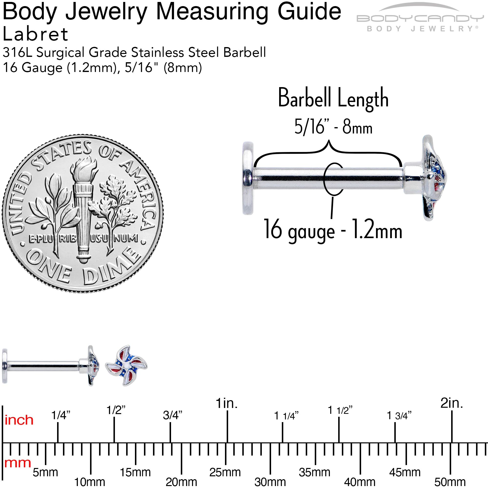 16G 5/16 Patriotic Pinwheel Labret Monroe Tragus - Image 5