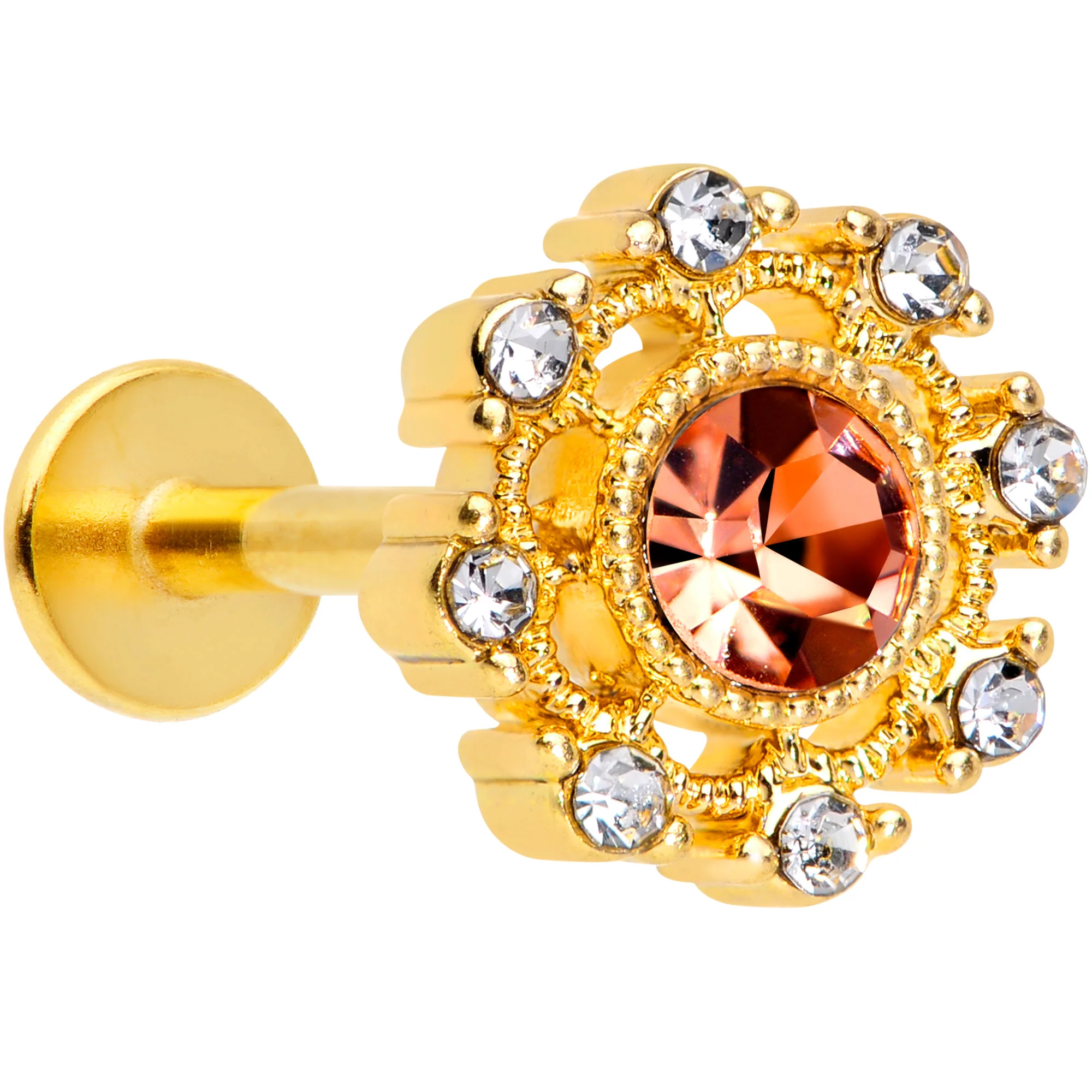 16G 5/16 Pink Clear CZ Gem Gold Hue Sunburst Labret Monroe Tragus
