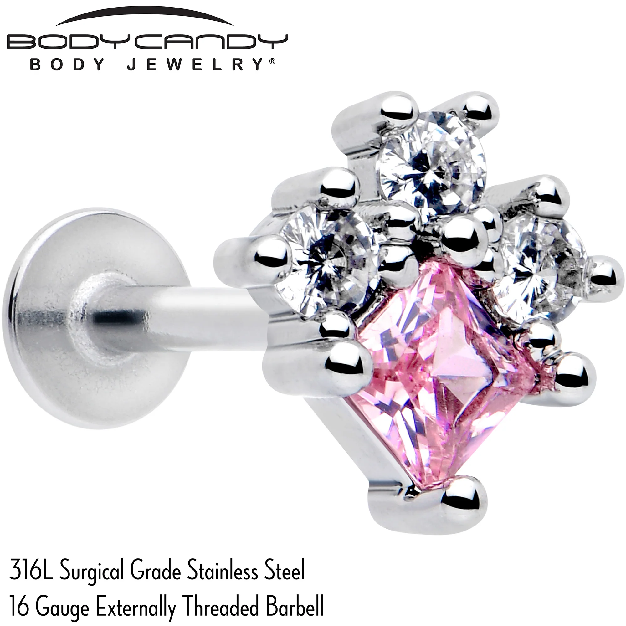 16G 5/16 Pink Clear CZ Gem Rhombus Riot Labret Monroe Tragus - Image 2