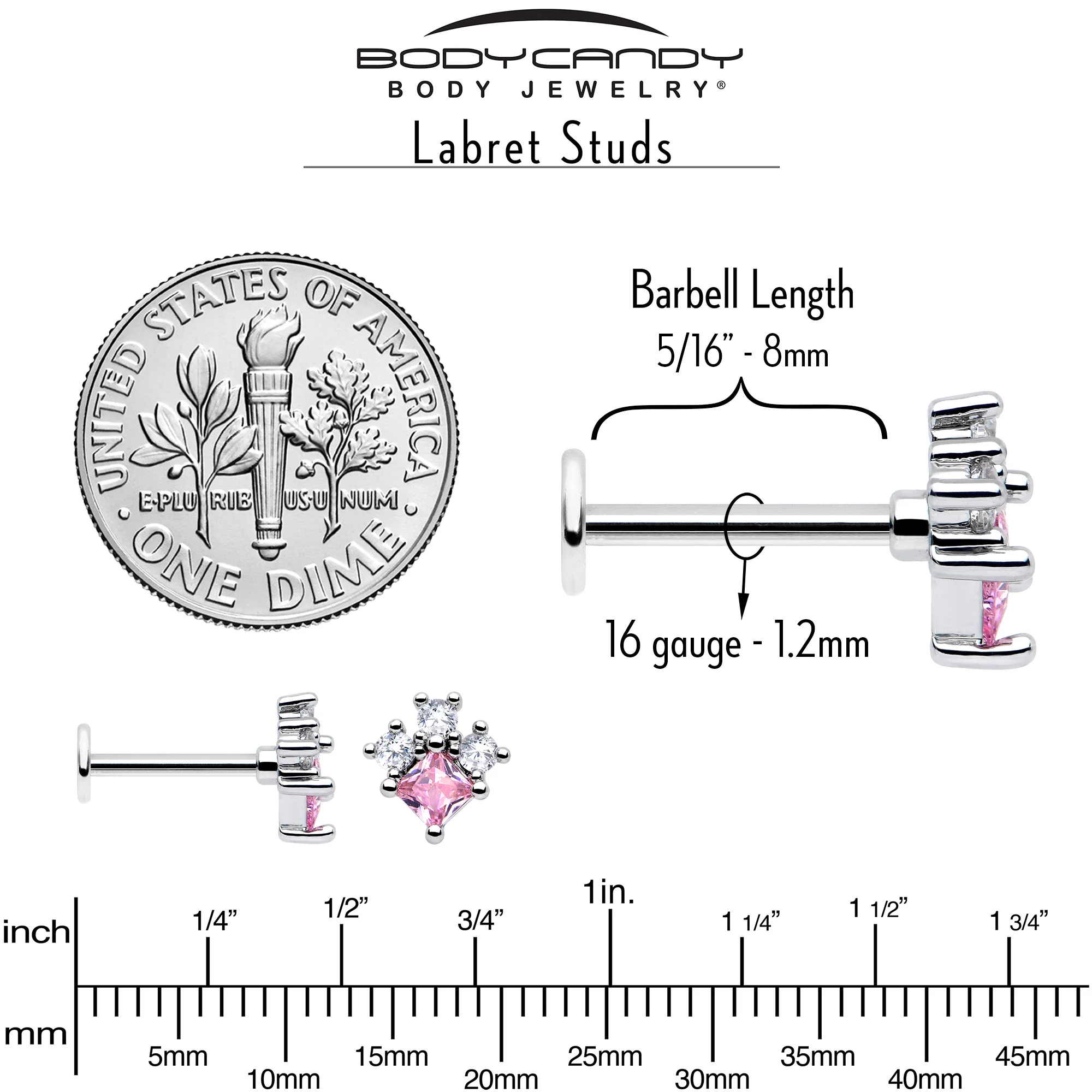 16G 5/16 Pink Clear CZ Gem Rhombus Riot Labret Monroe Tragus - Image 5