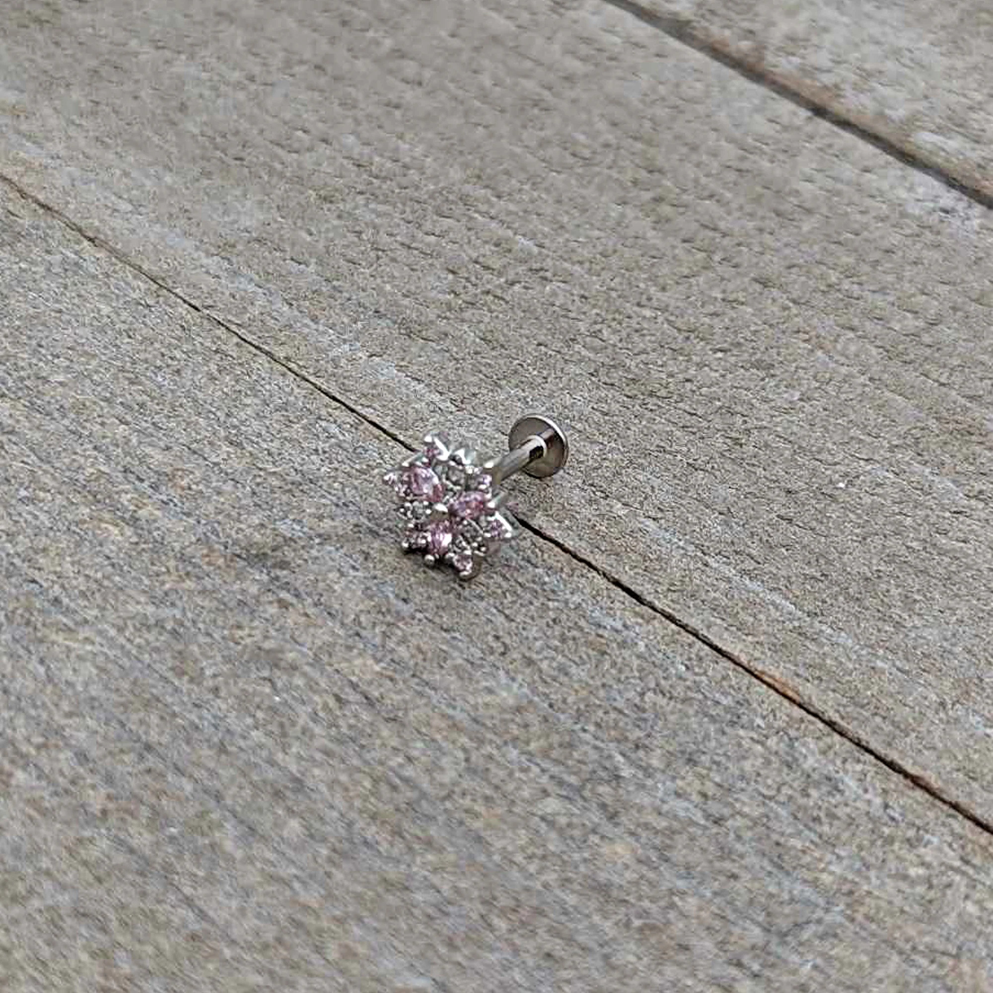 16G 5/16 Pink Clear CZ Gem Snowflake Labret Monroe Tragus - Image 7